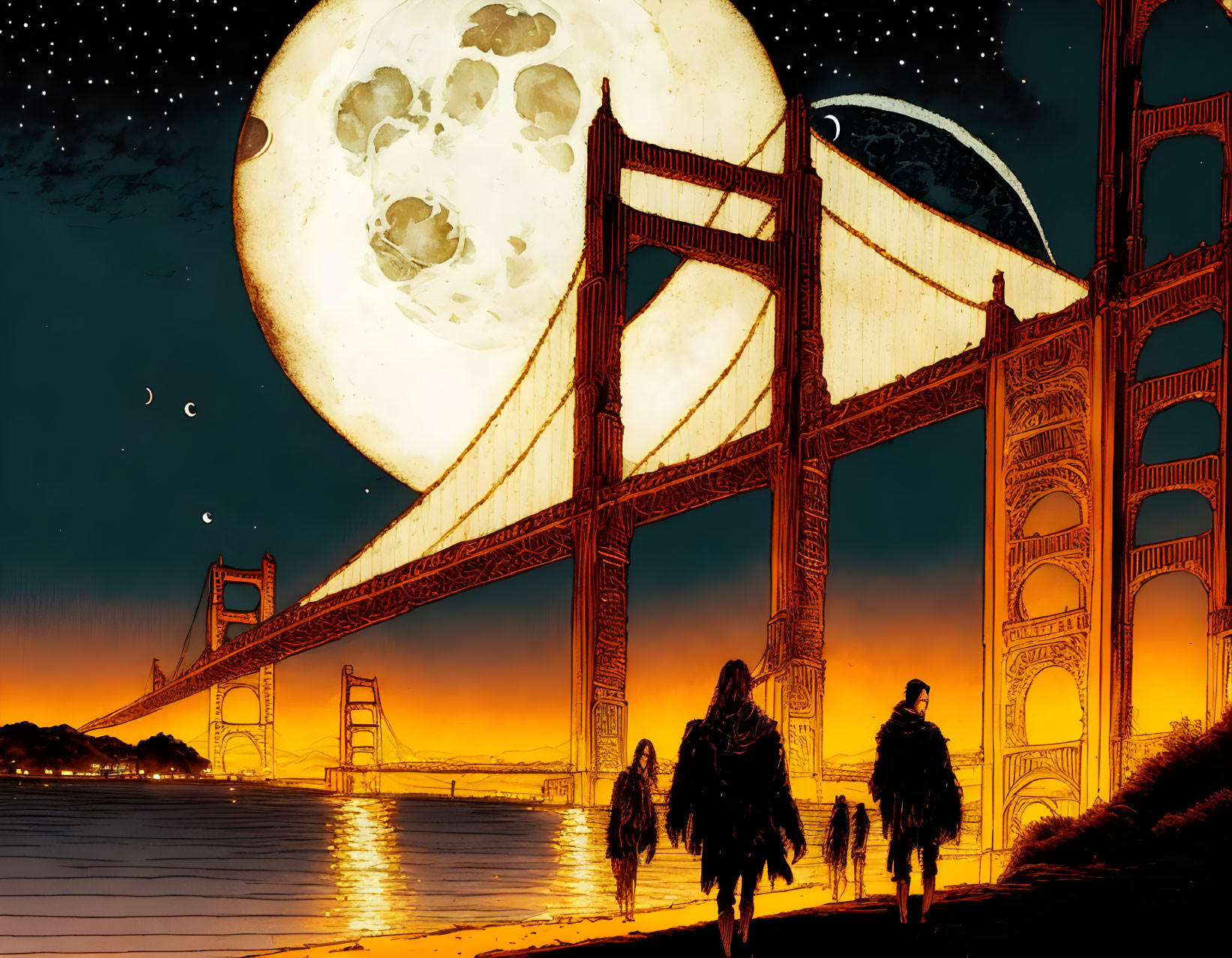 Three people walking on beach with moon and Golden Gate Bridge silhouette against orange night sky.