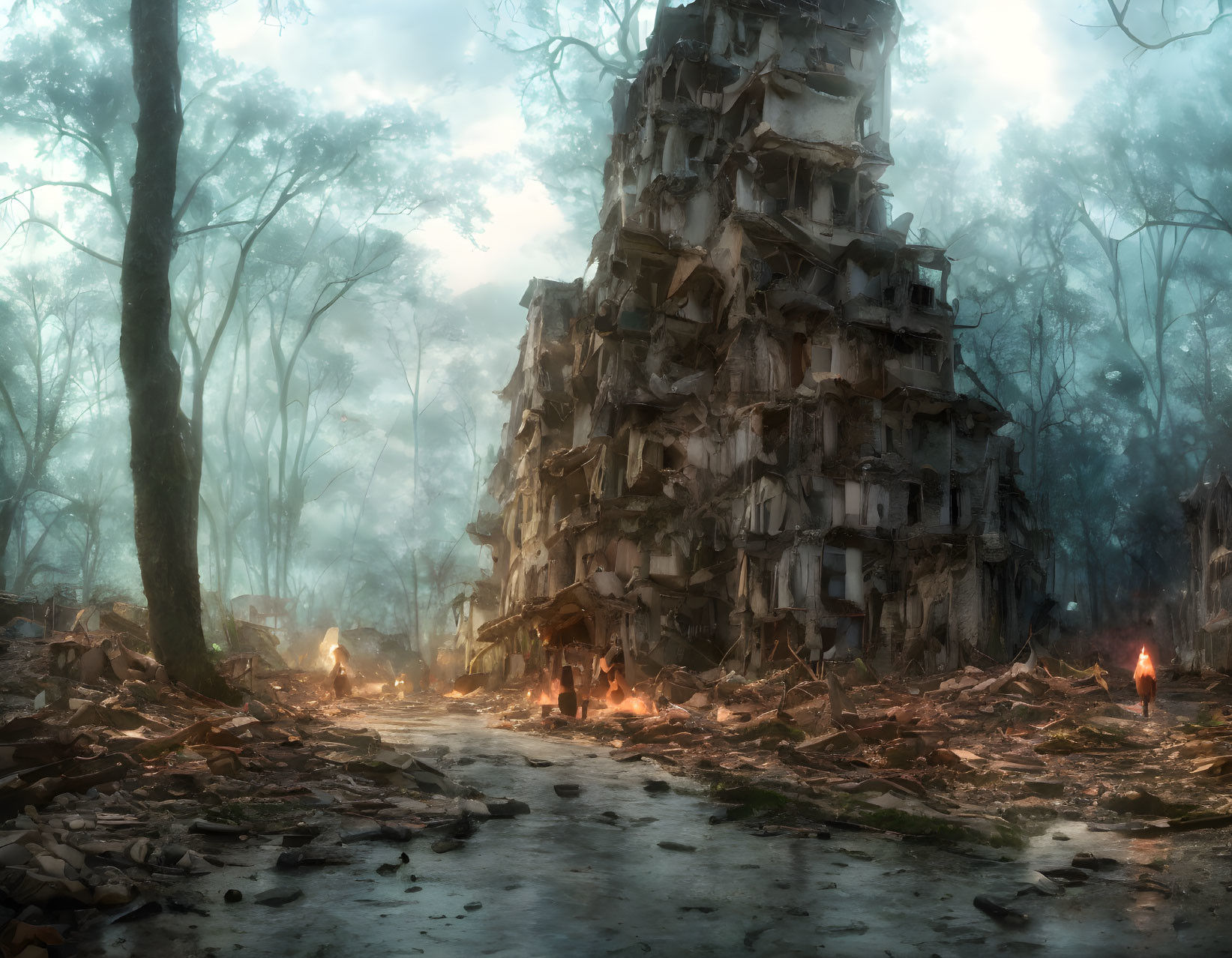 Abandoned buildings in misty forest with fires and debris