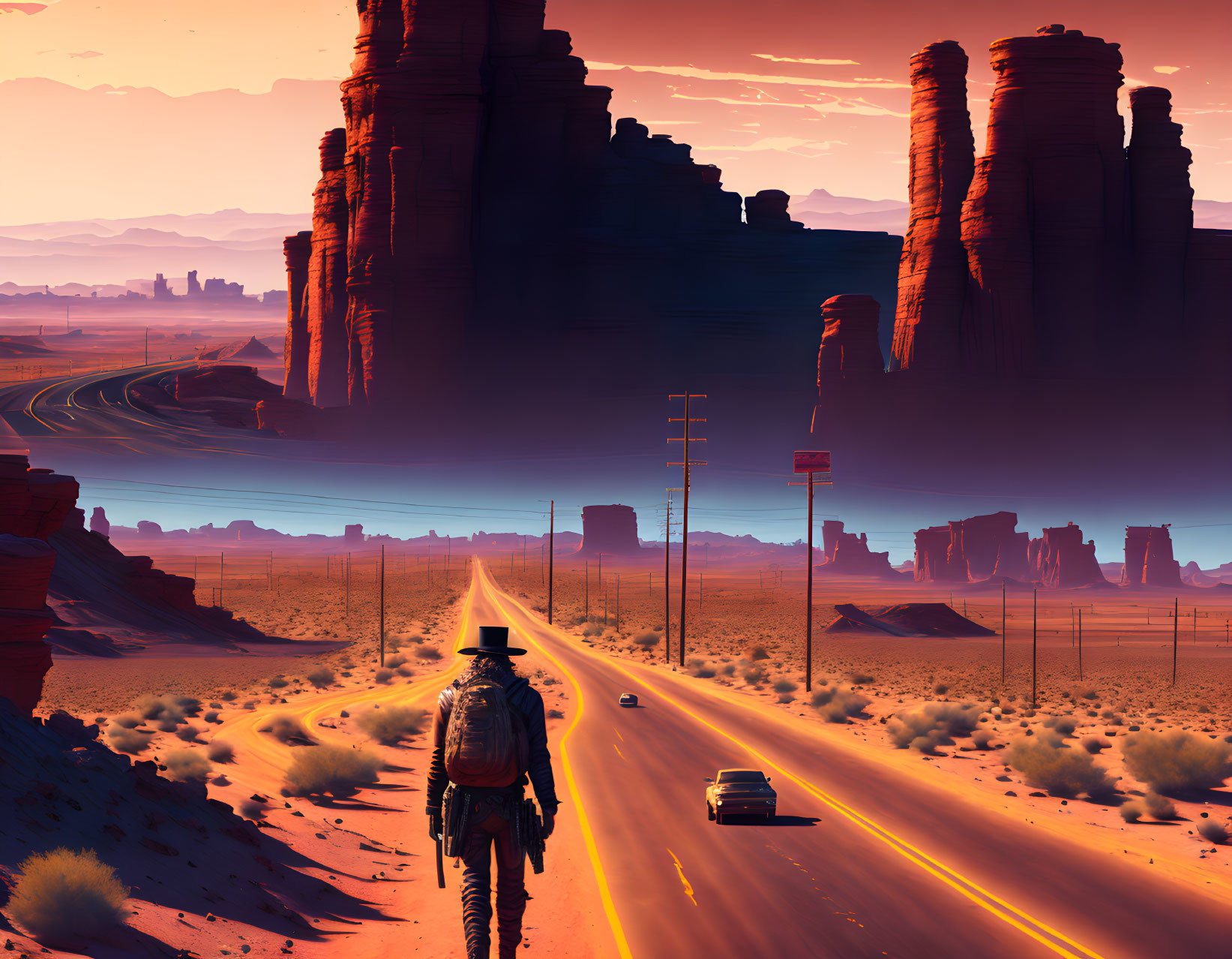 Traveler with backpack and hat in desert road at sunset with car and rock formations