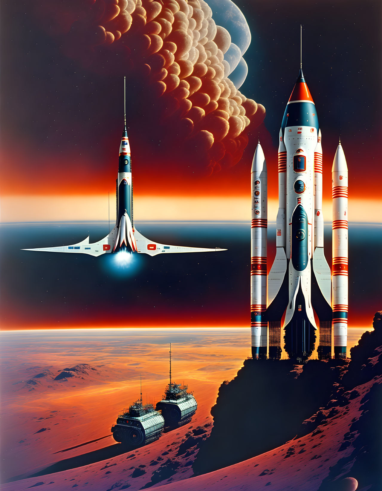 Retro-futuristic space scene with rockets, shuttle, and rover on alien planet