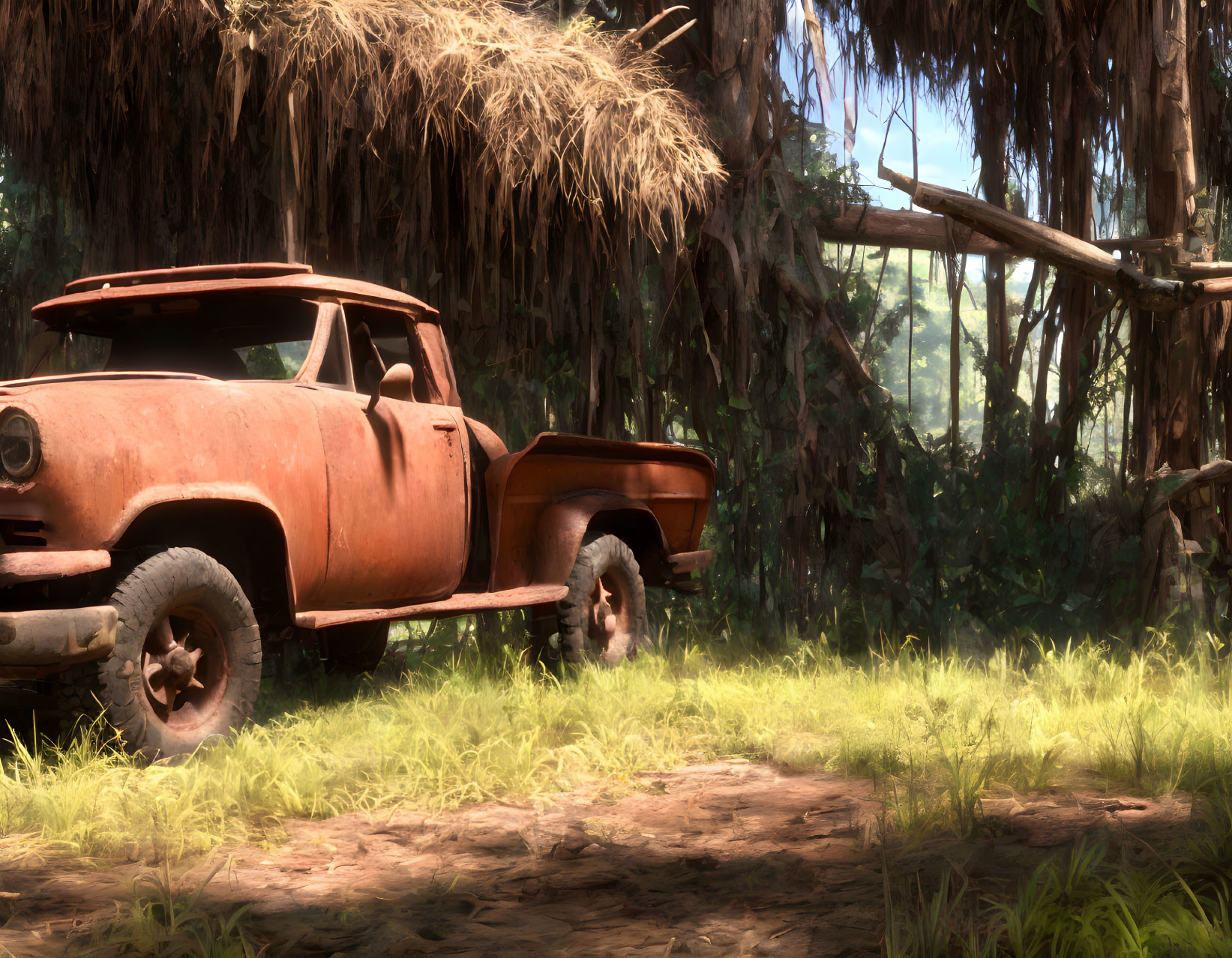 Rusty abandoned truck in lush forest clearing