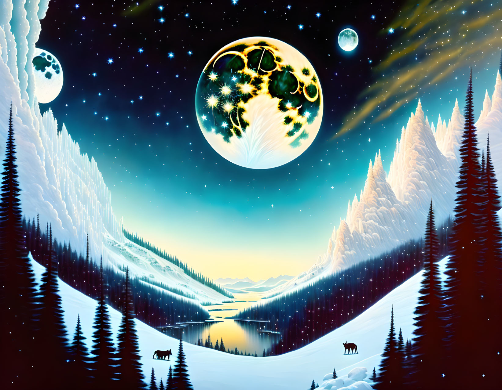 Detailed Winter Landscape with Moon, Forest, Lake, and Wildlife