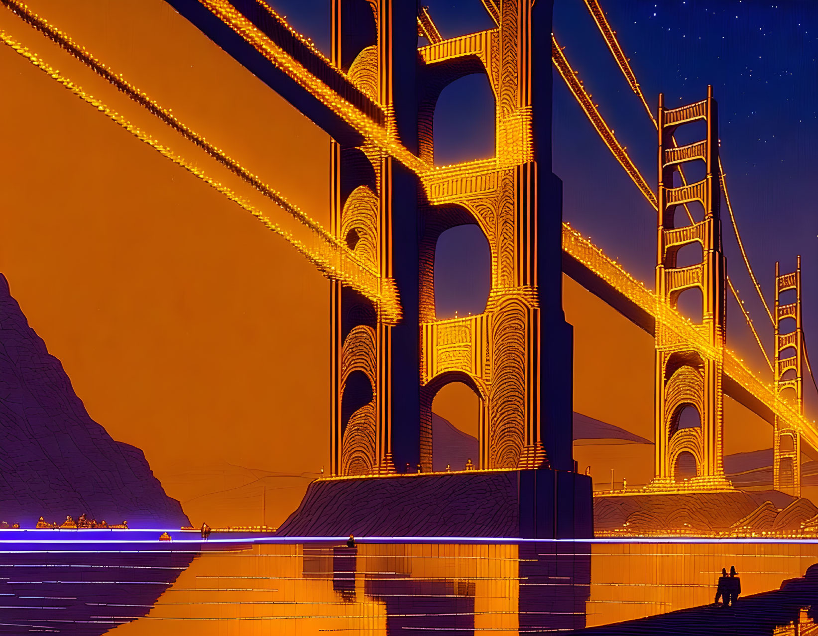 Golden-hued stylized Golden Gate Bridge night scene with silhouettes