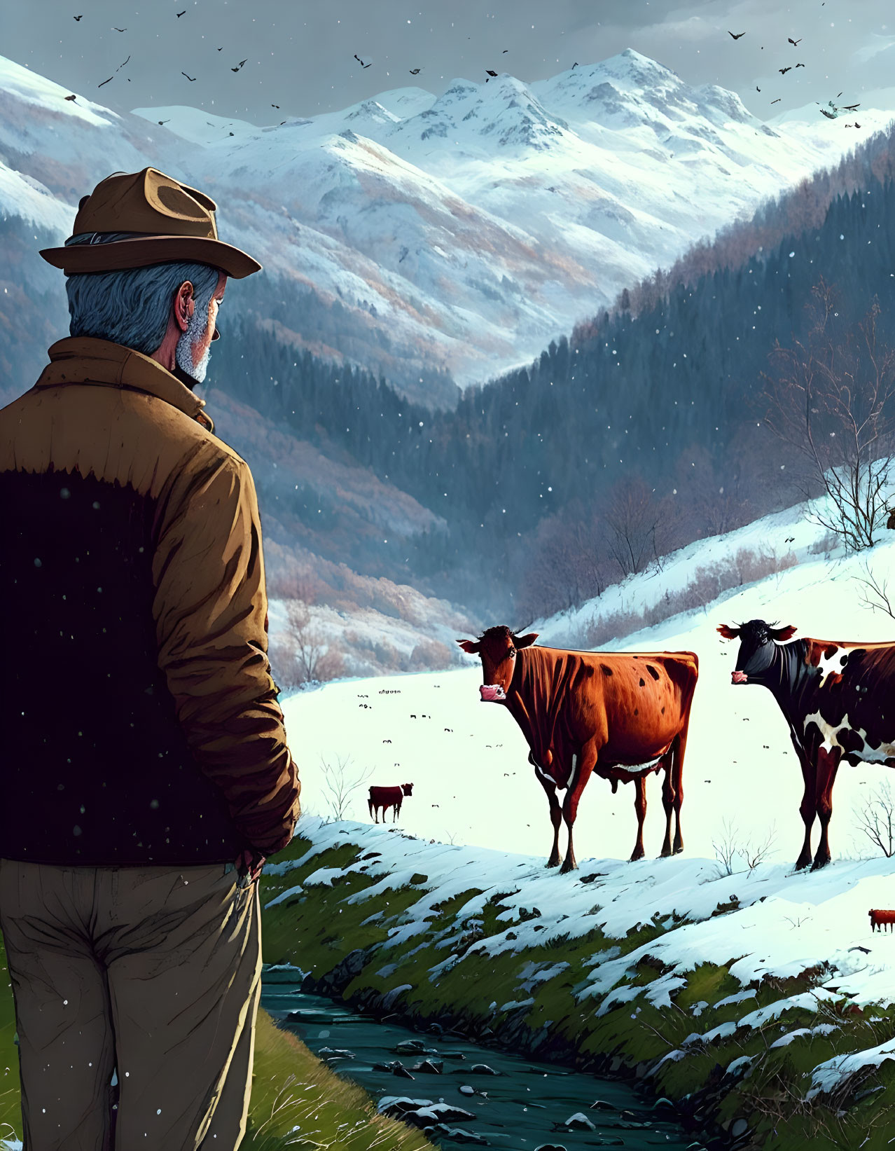 Man in hat gazes at serene snowy mountain landscape with grazing cows