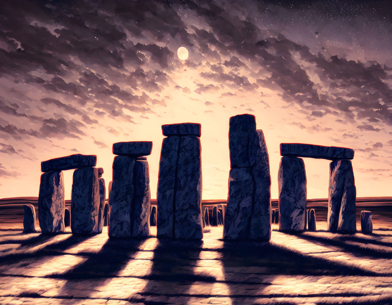 Stonehenge at dusk with dramatic sky and long shadows under moonlit stars