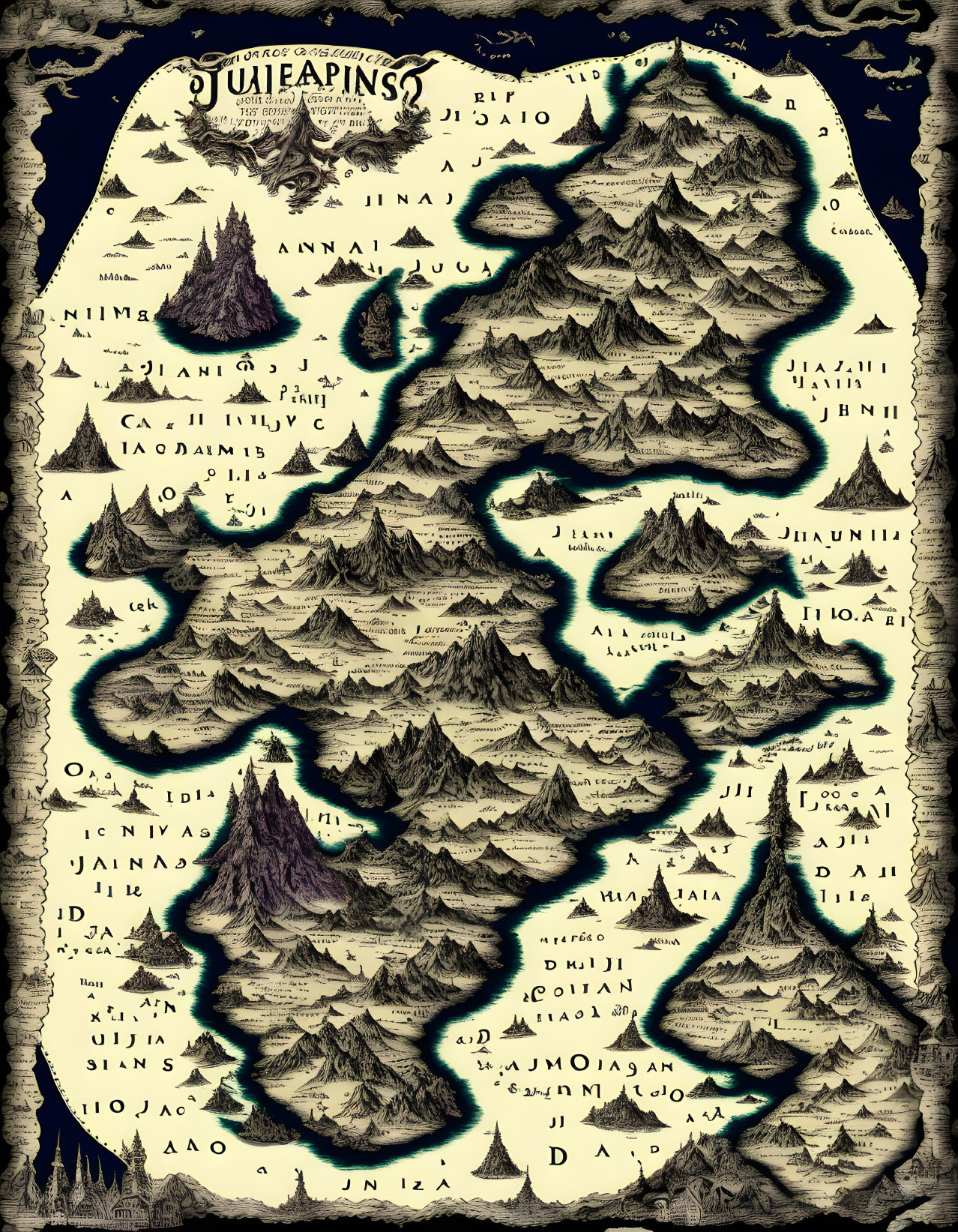 Fantasy map with mountain ranges, forests, and stylized lettering