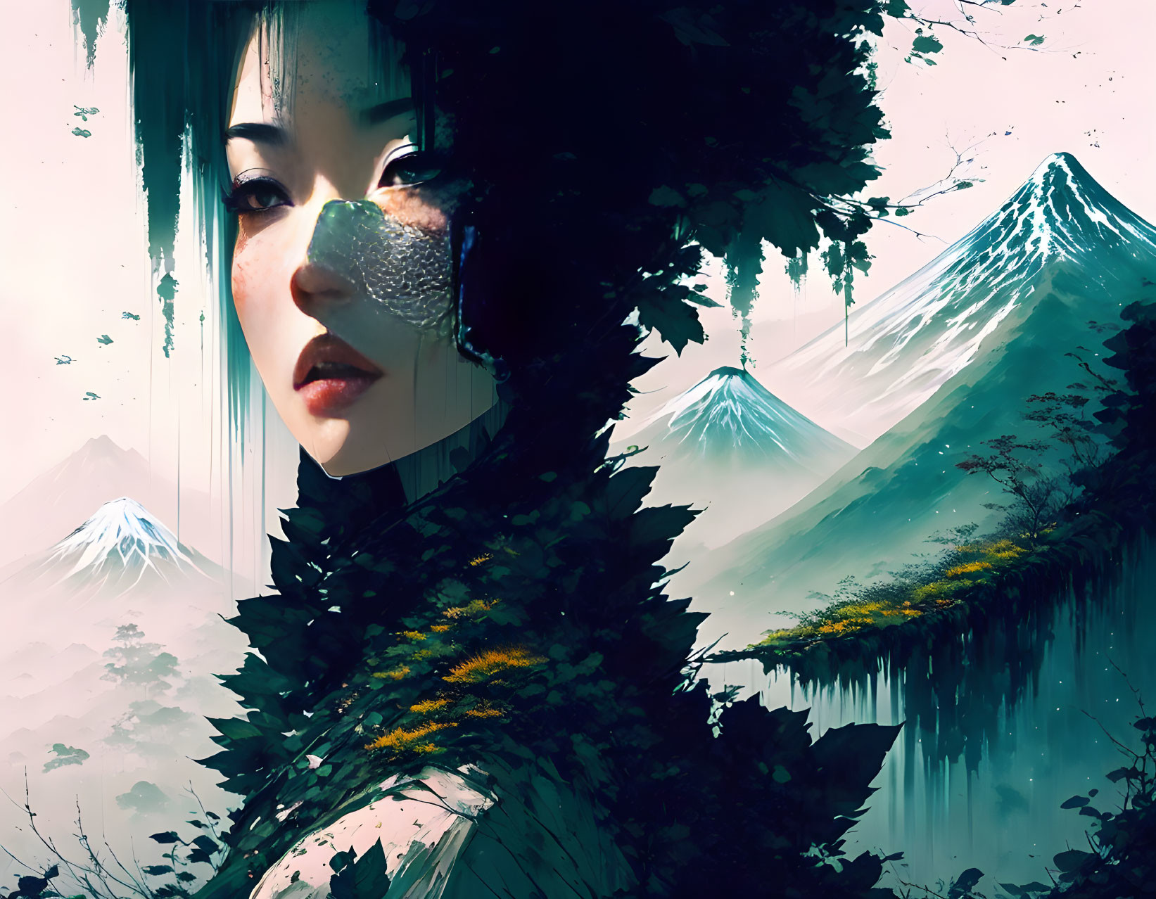 Woman's portrait merged with serene nature scene: mountains, trees, and floral elements in surreal harmony.