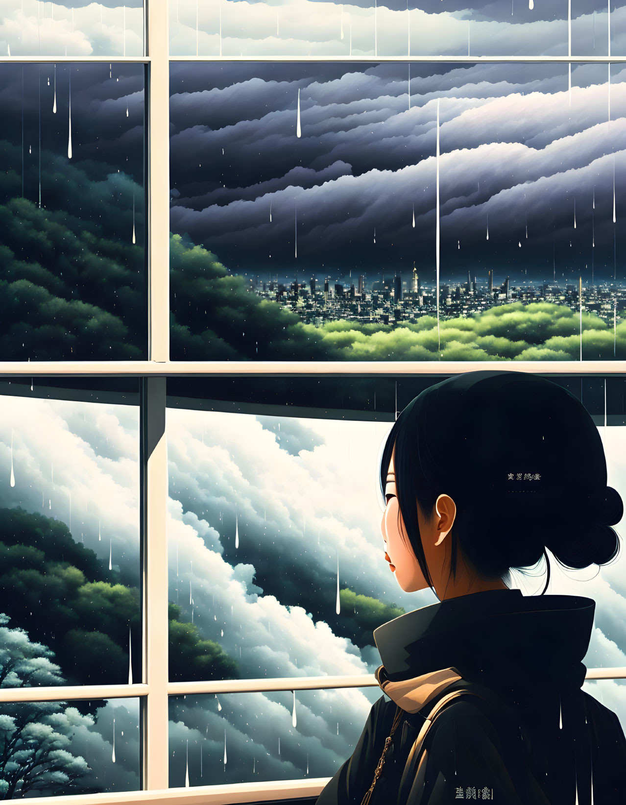 Person with glasses and backpack indoors looking at dramatic cityscape through rain-streaked window