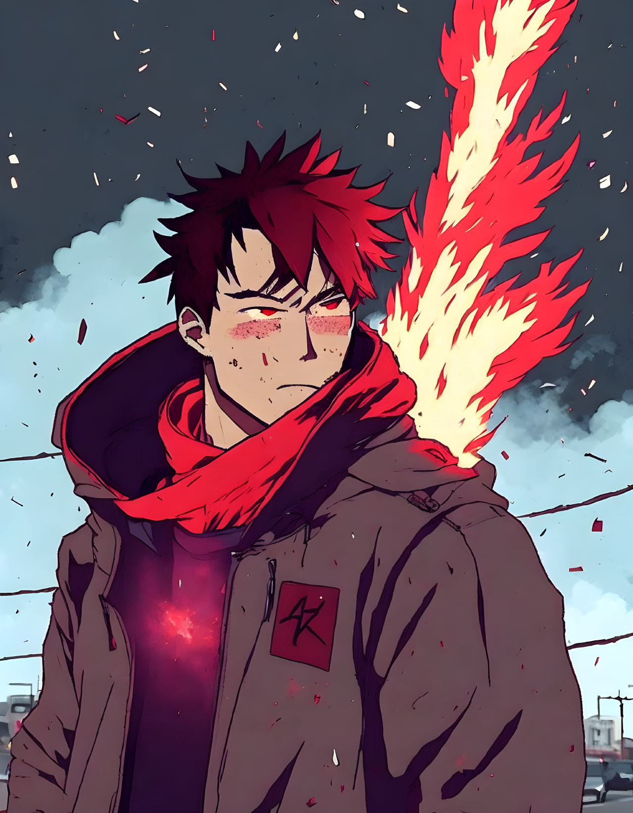 Character with spiky red hair in fiery jacket and scarf portrait.