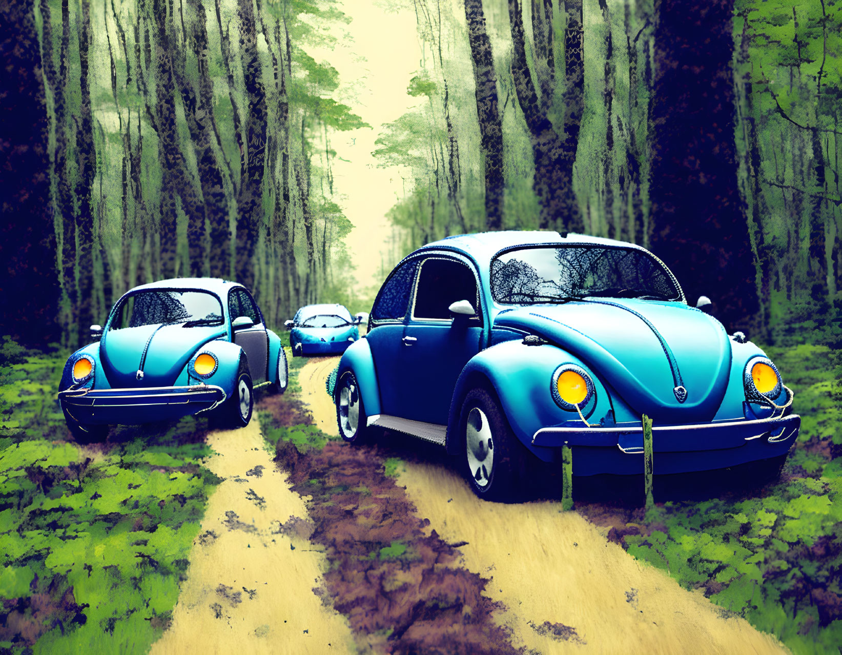 Three Vintage Blue Volkswagen Beetles in Forest Setting