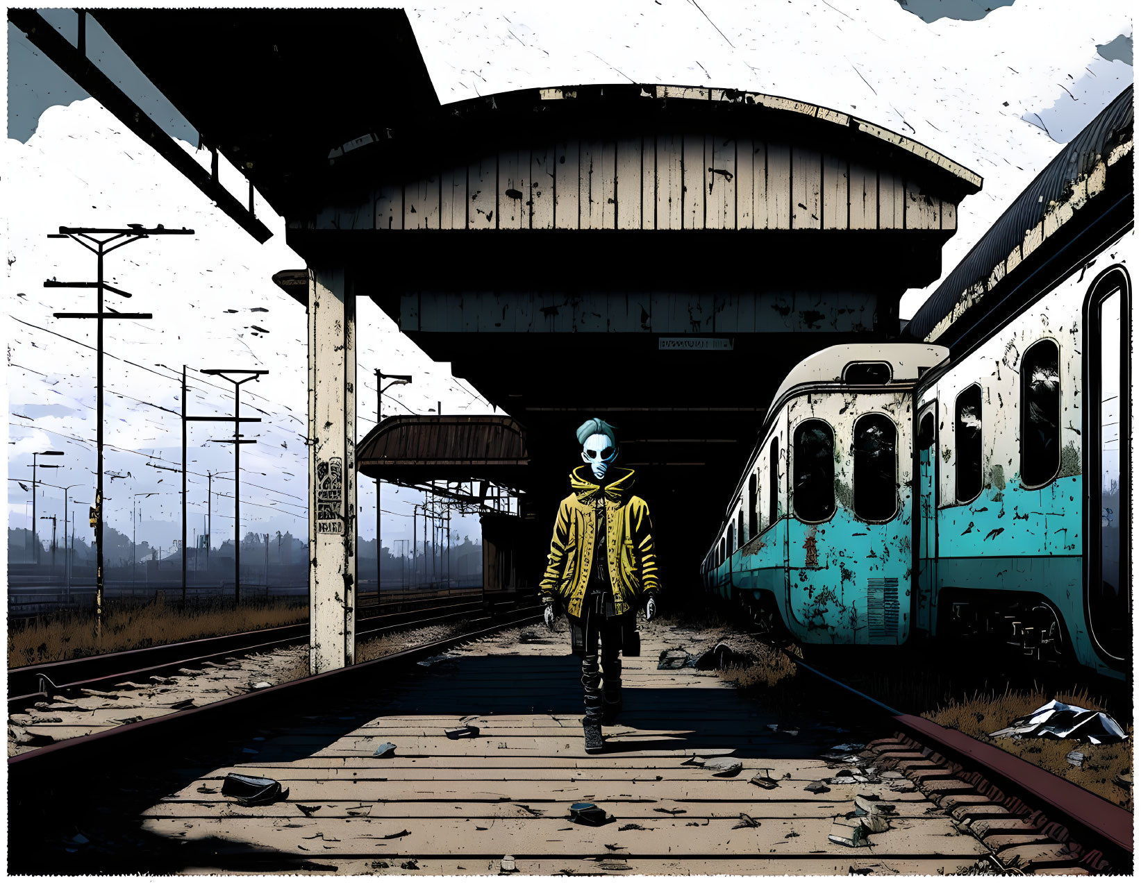 Person in Yellow Jacket and Gas Mask on Train Tracks in Post-Apocalyptic Scene