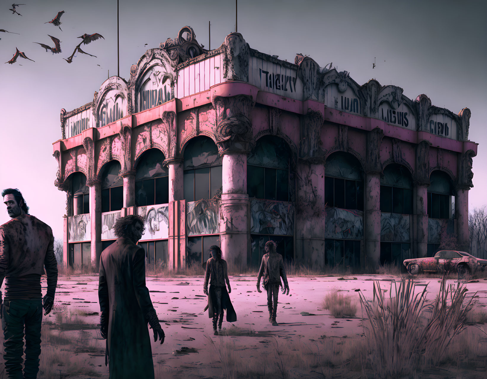 Zombies in front of dilapidated building with occult signs under gloomy sky