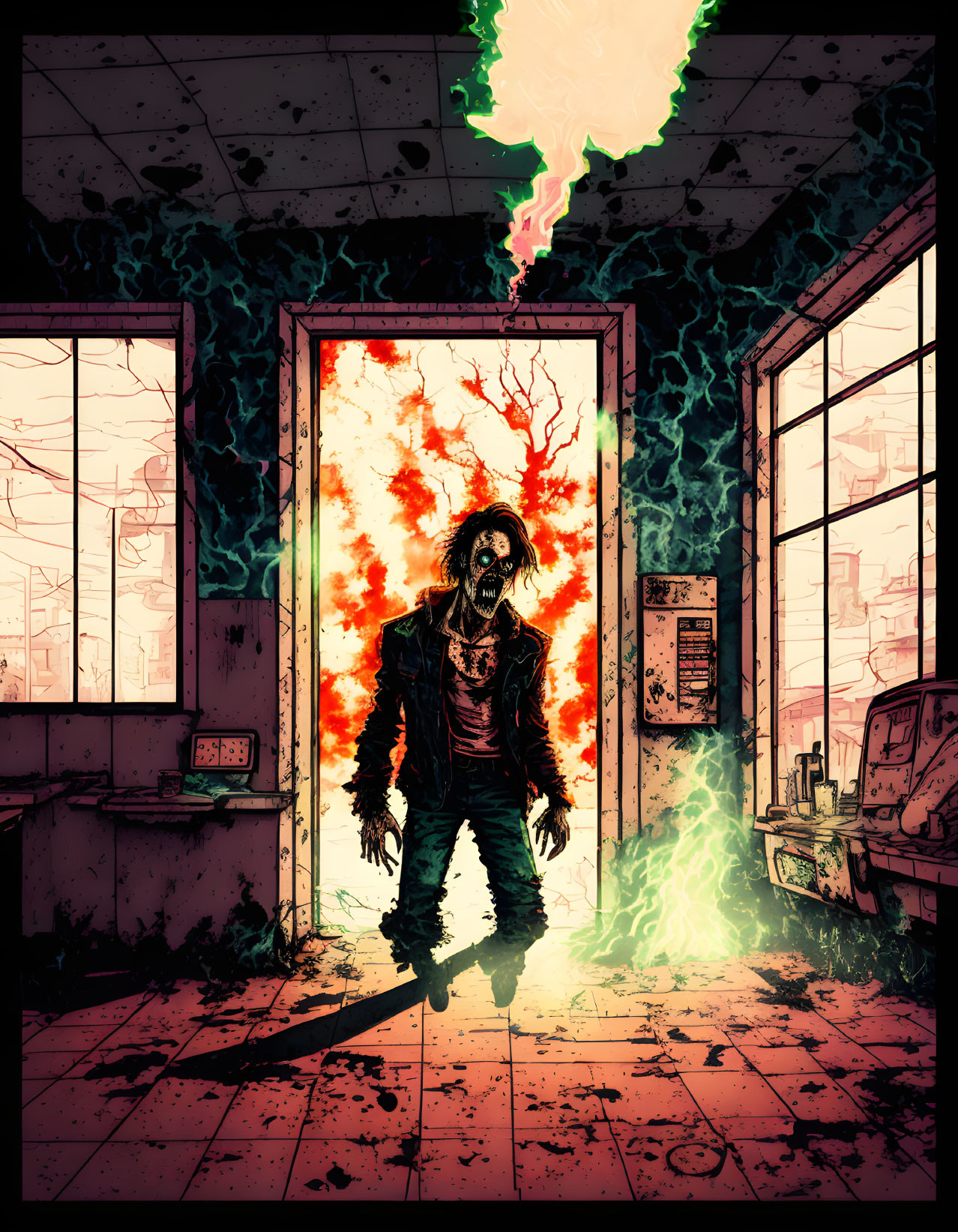 Zombie-like figure in doorway with fiery red light, dilapidated room.