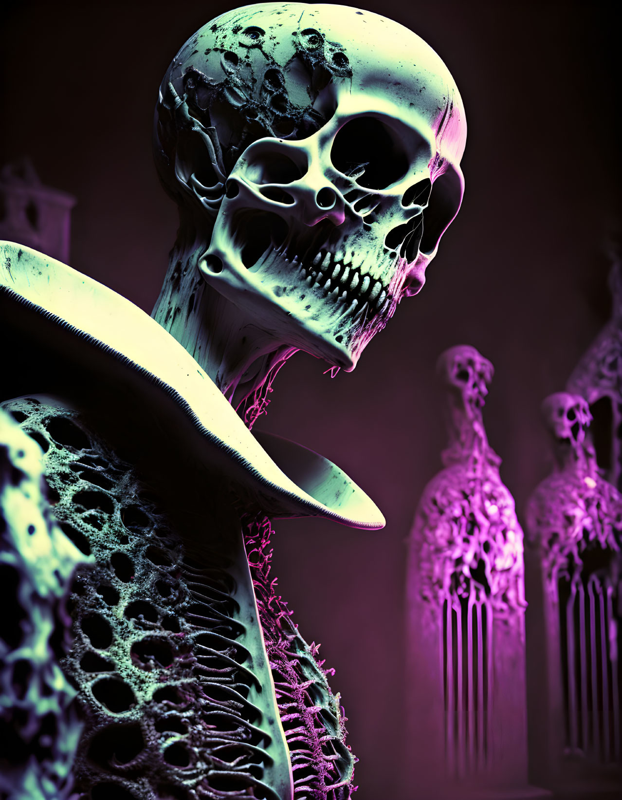 Surreal humanoid skeletal figure with intricate textures in vivid purple hue