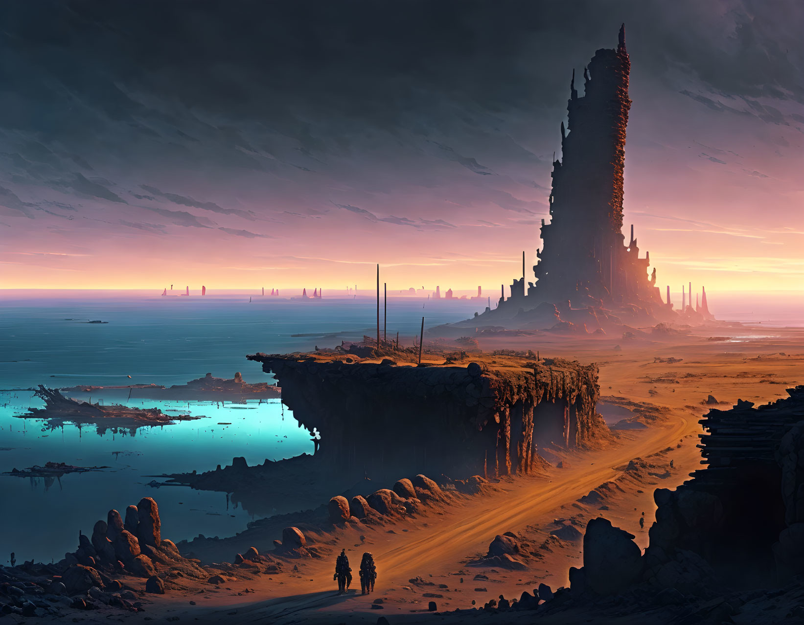 Futuristic sunset landscape with towering spires and figures by reflective water