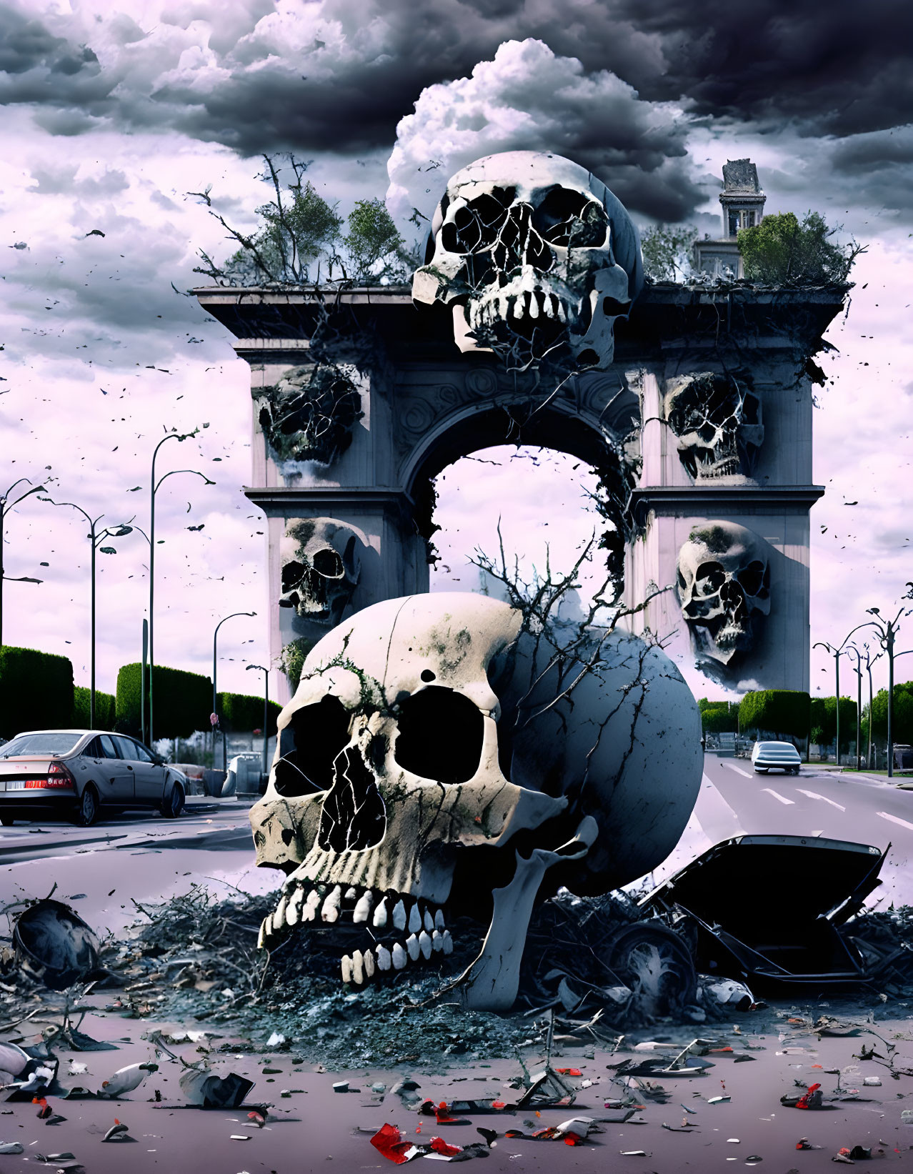 Surreal artwork: Arc de Triomphe merged with giant skulls in a stormy scene