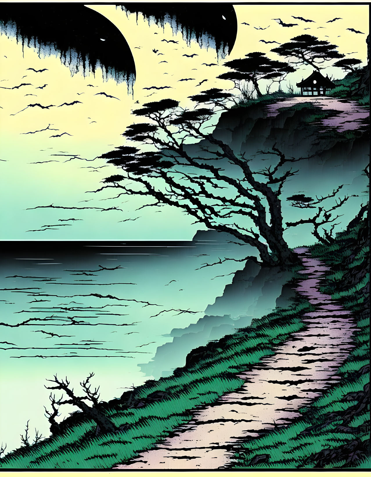 Stylized coastal dusk scene with twisted tree, path, gazebo, layered clouds, dark moon
