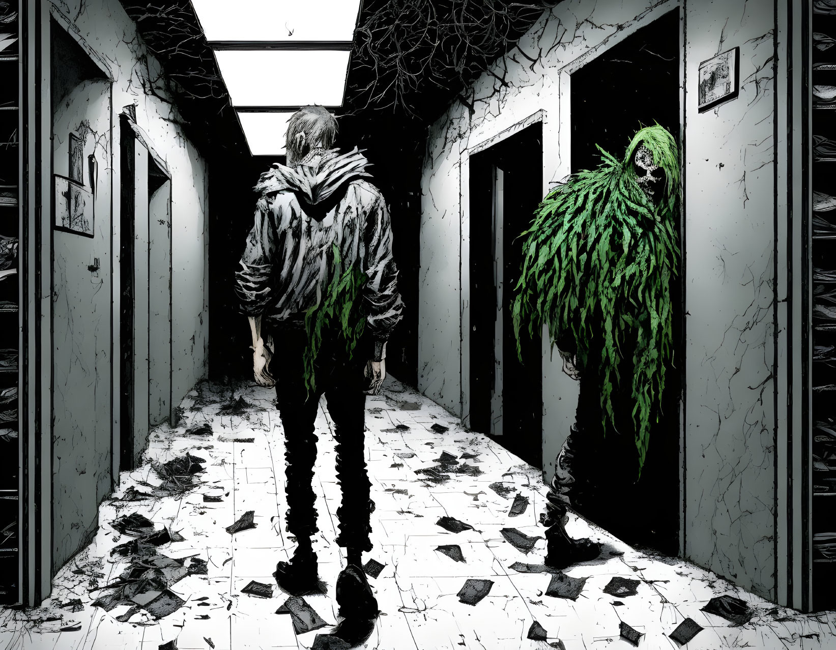 Person in dilapidated corridor faces green creature in doorway