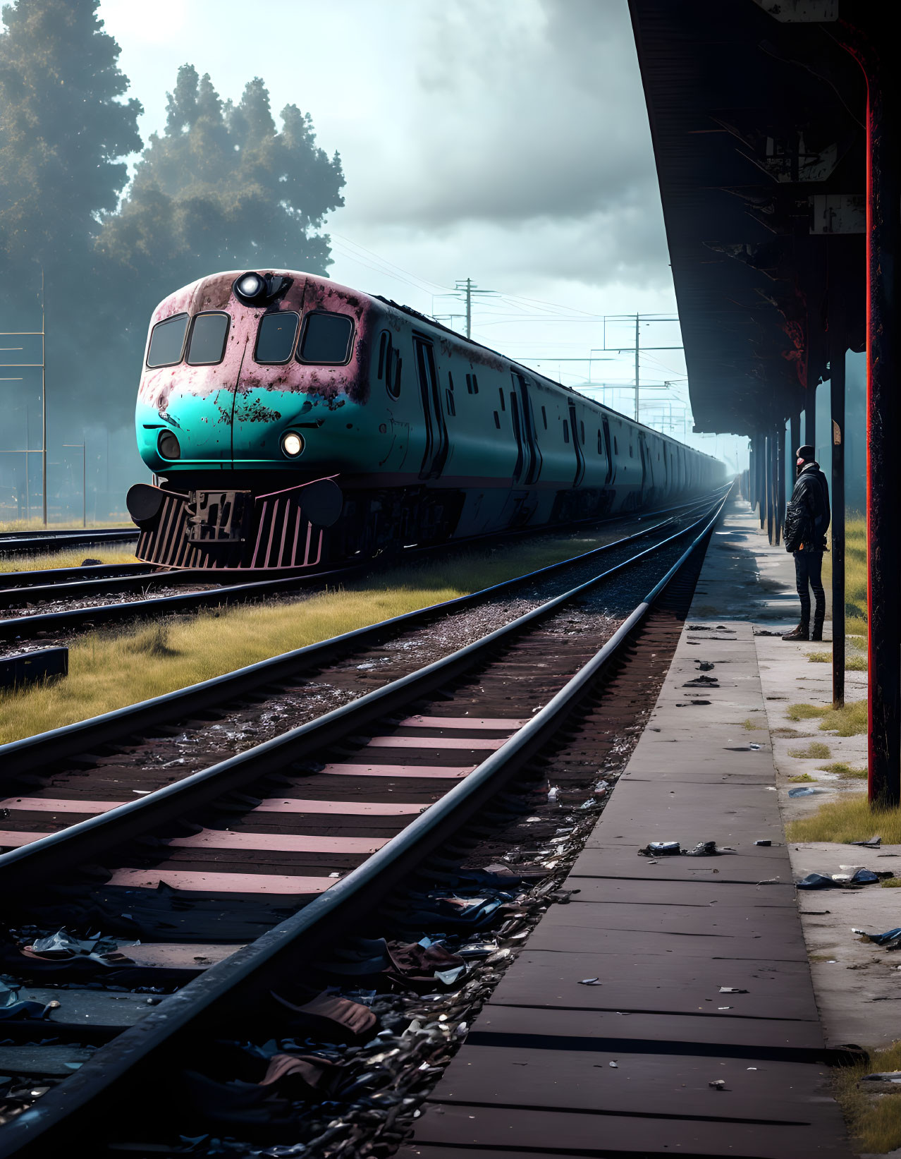 Person watching green and silver train on sunny platform.