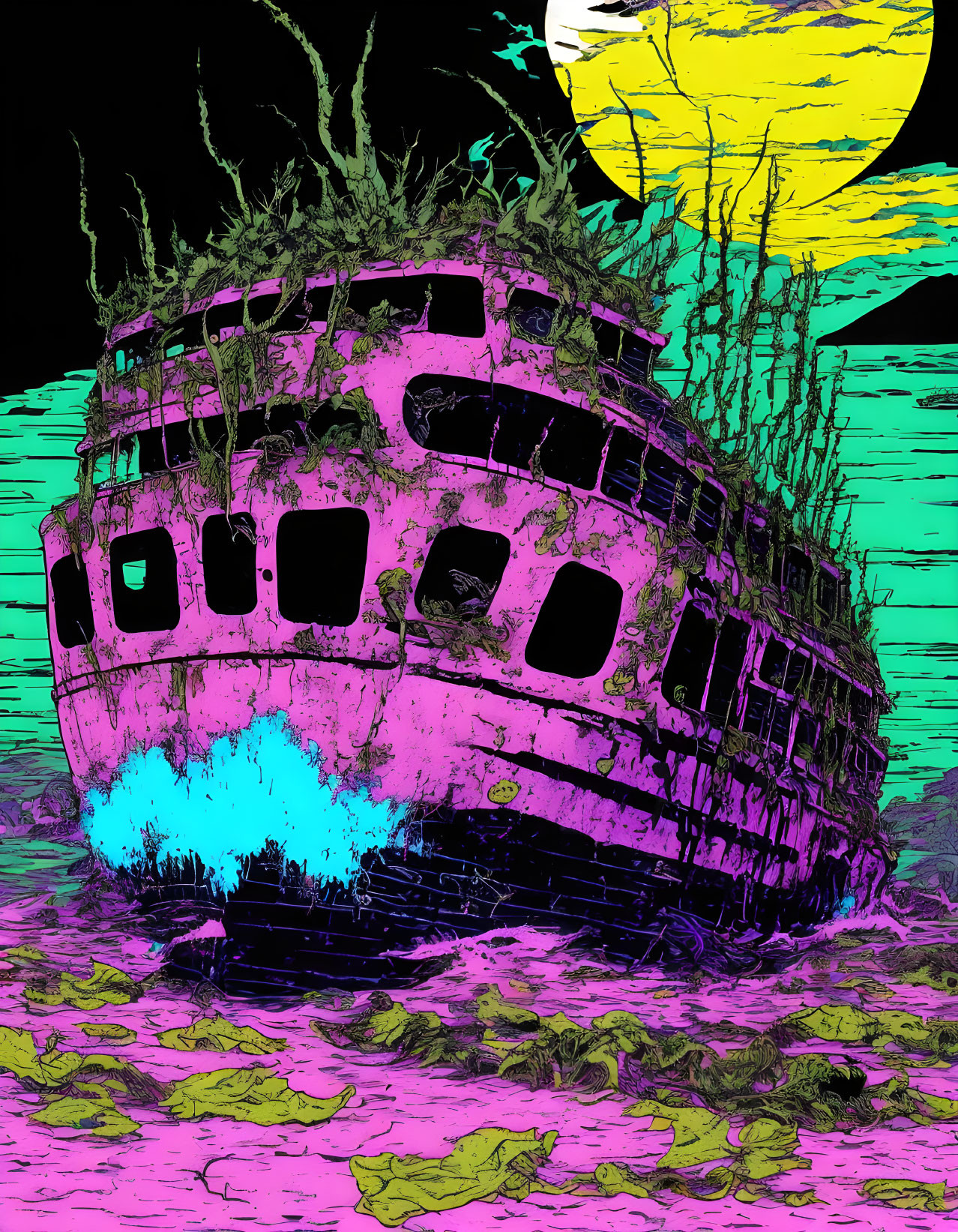 Abandoned shipwreck submerged in colorful surreal landscape