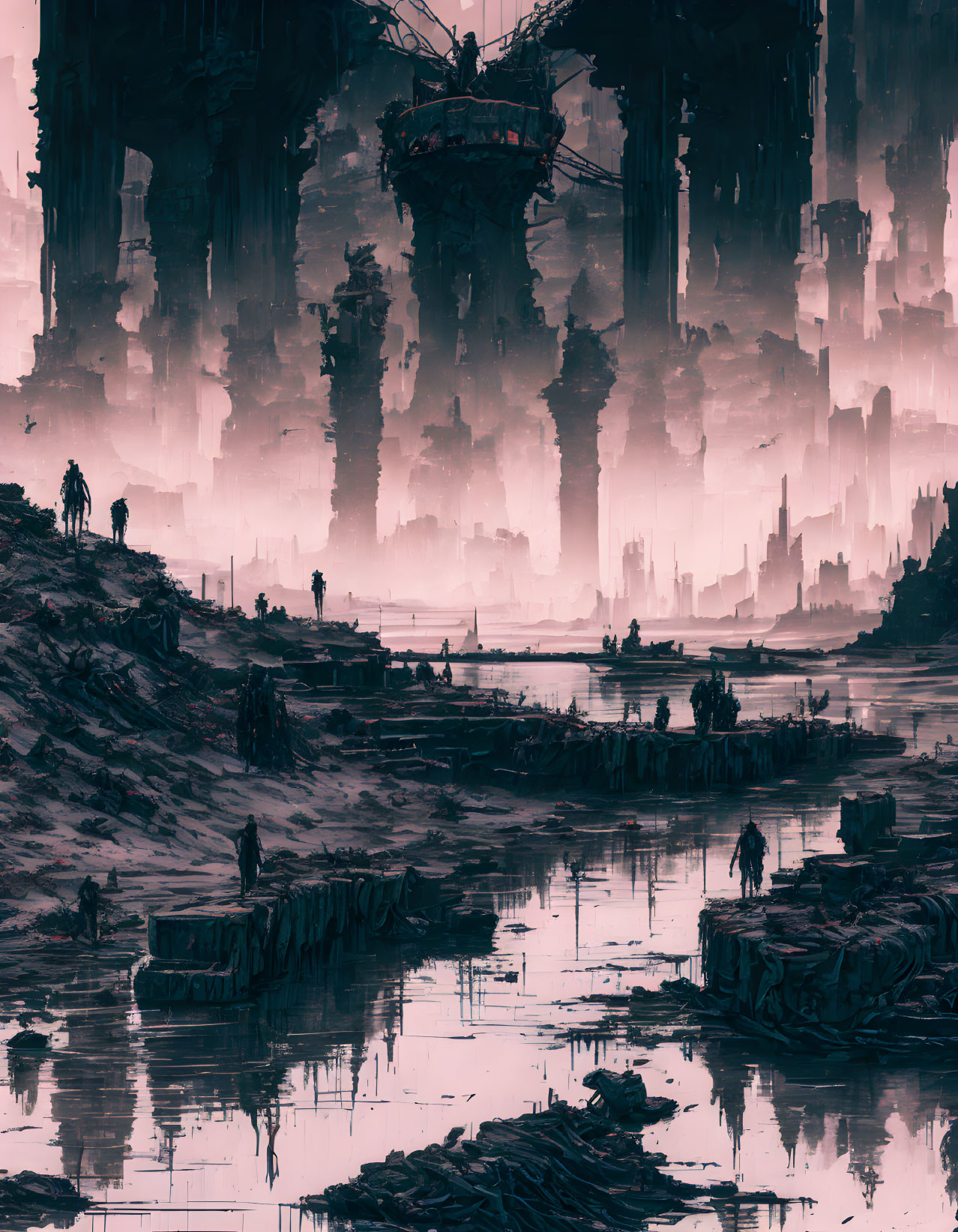 Dystopian landscape with towering structures and shadowy figures