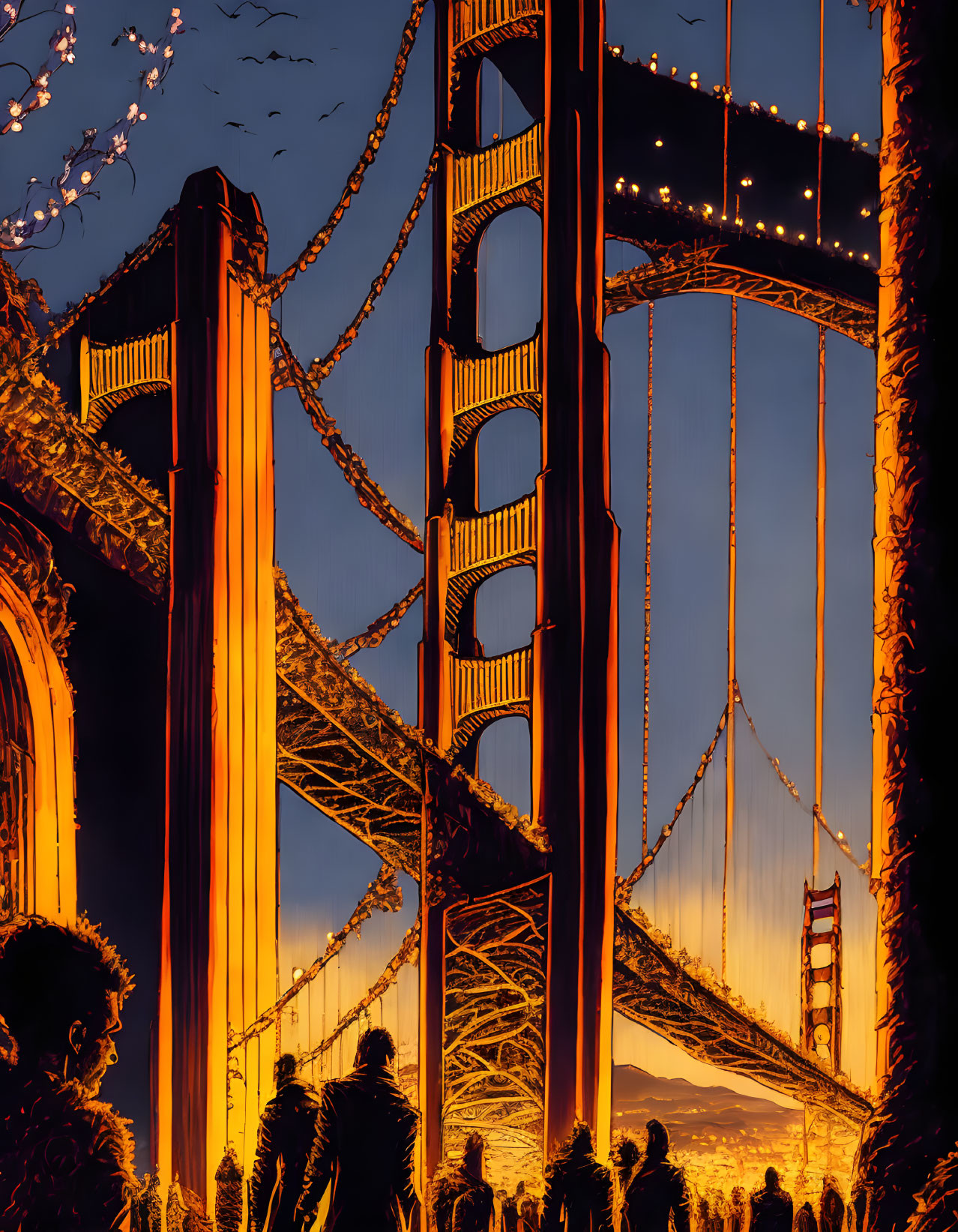 Stylized Golden Gate Bridge sunset illustration with silhouettes.