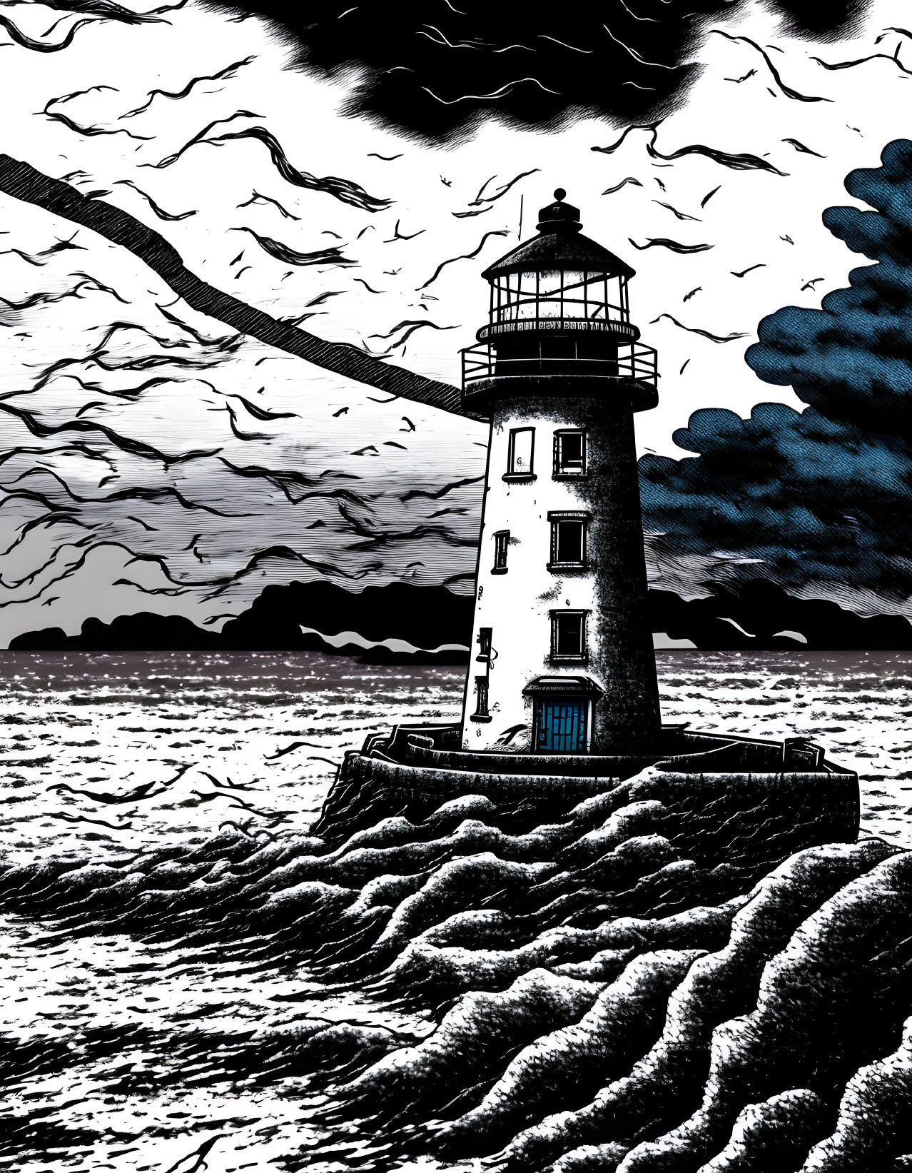 Monochrome artwork: solitary lighthouse in stormy sea scene