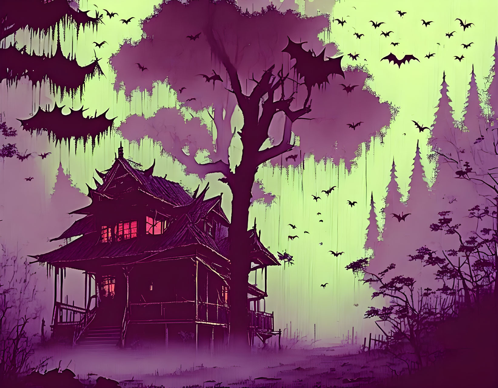 Japanese pagoda in misty forest with bats and aurora lights