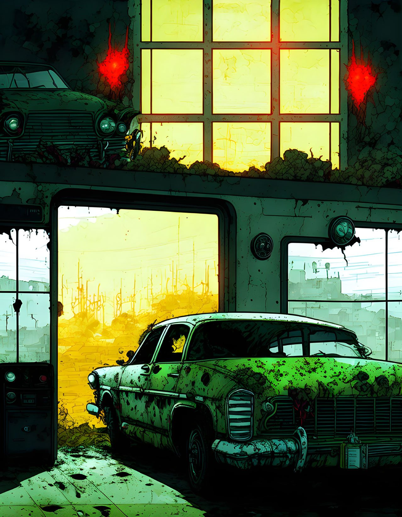 Eerie apocalyptic garage scene with vintage cars and industrial backdrop