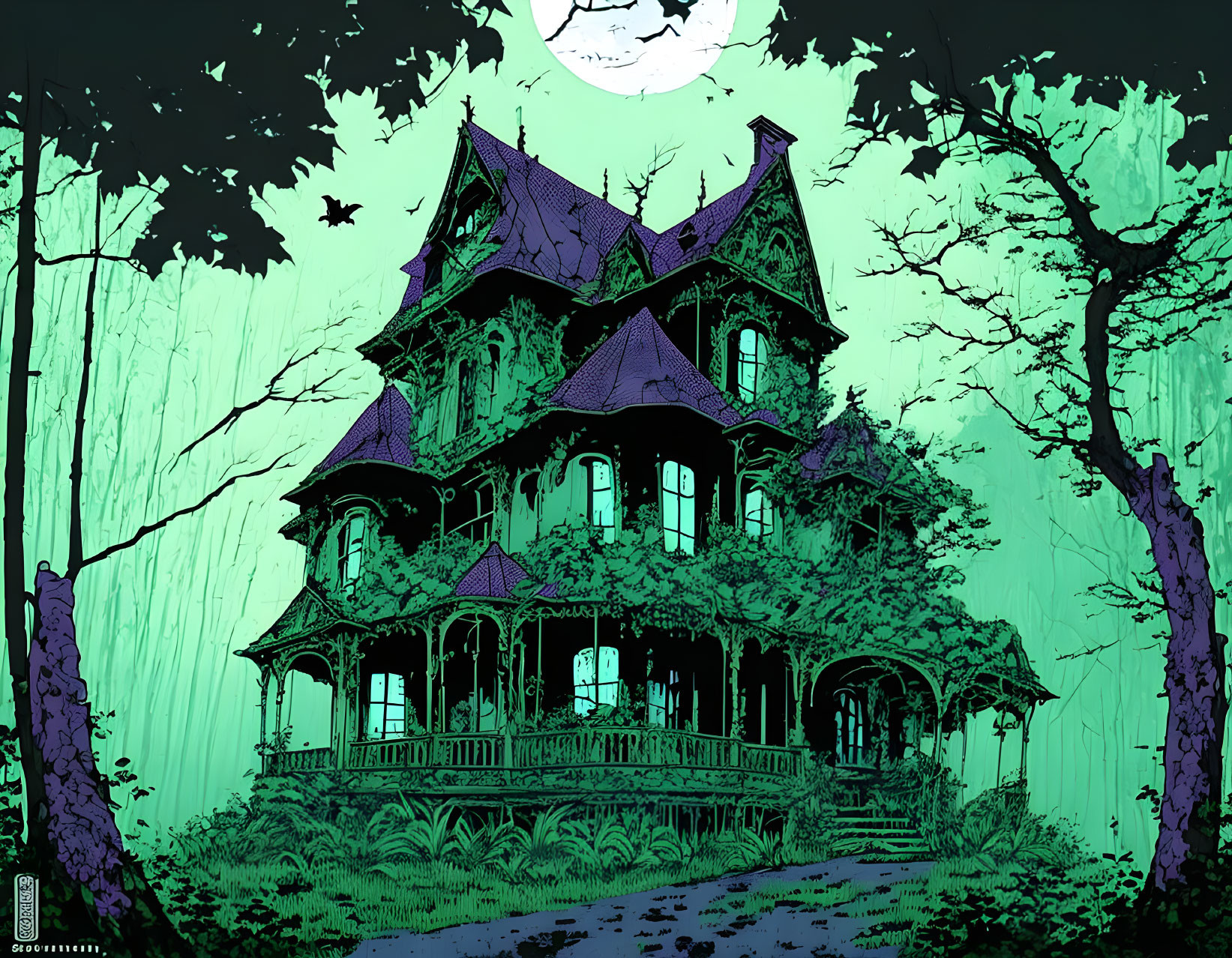 Victorian-style haunted house illustration at night with full moon