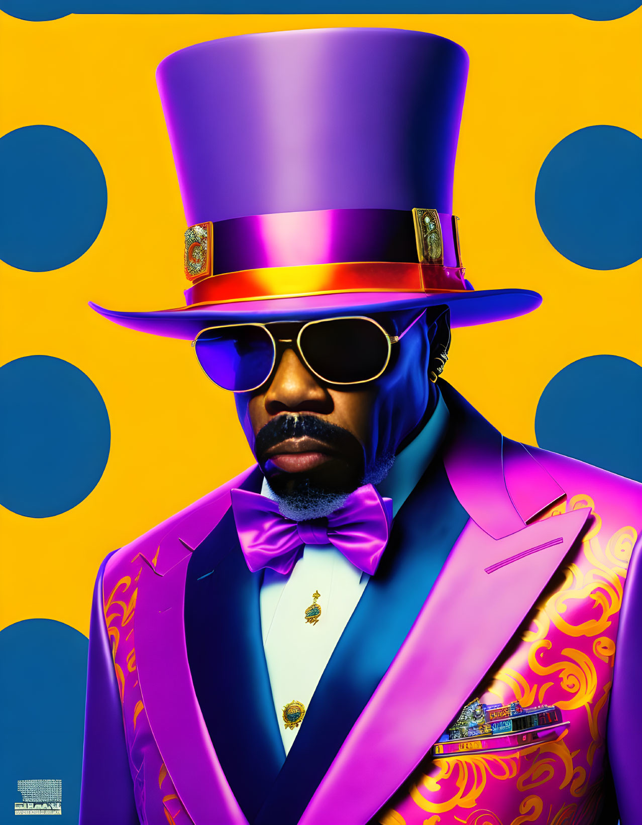 Colorful Man in Purple Top Hat and Sunglasses on Polka-Dot Background