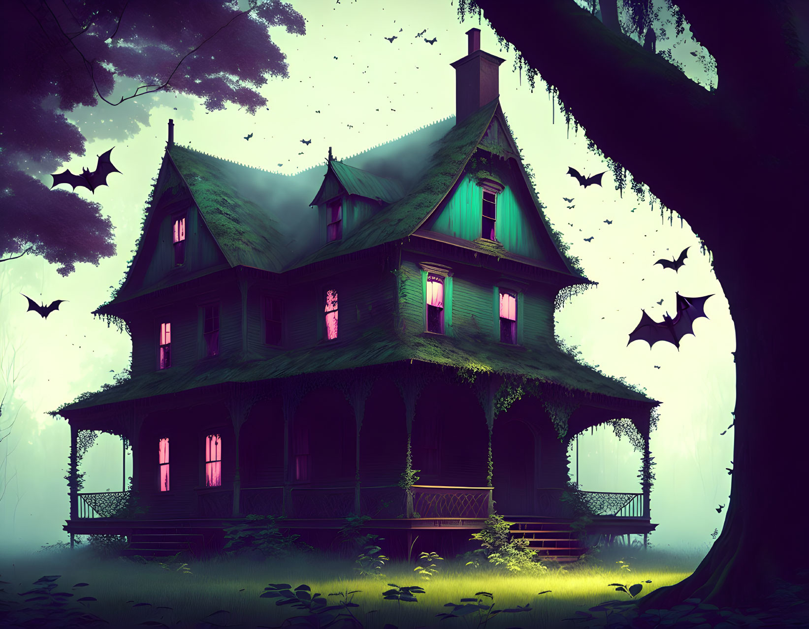 Eerie green Victorian house in dark forest with bats at twilight