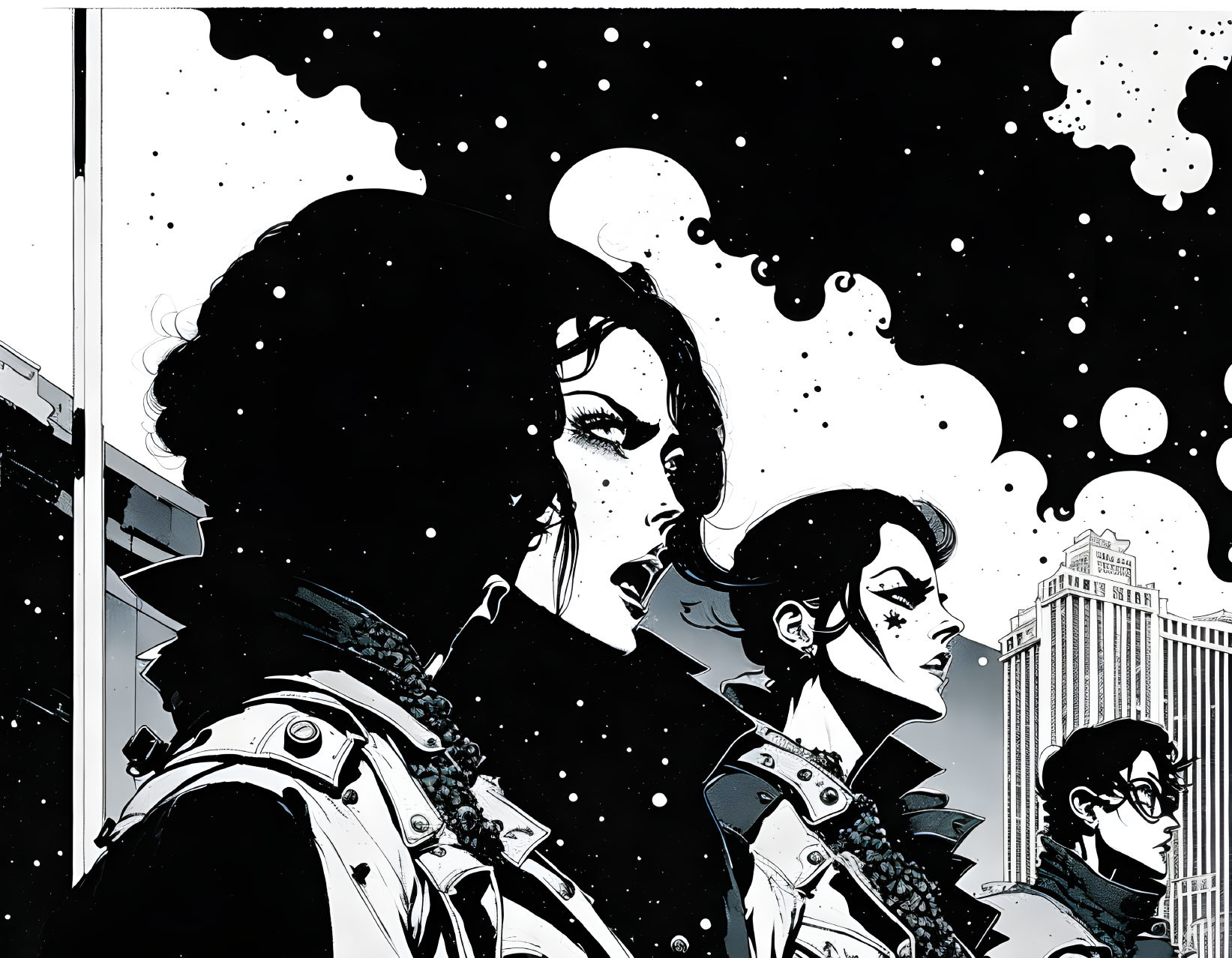 Monochrome comic style illustration: Three characters, starry night sky, cityscape.