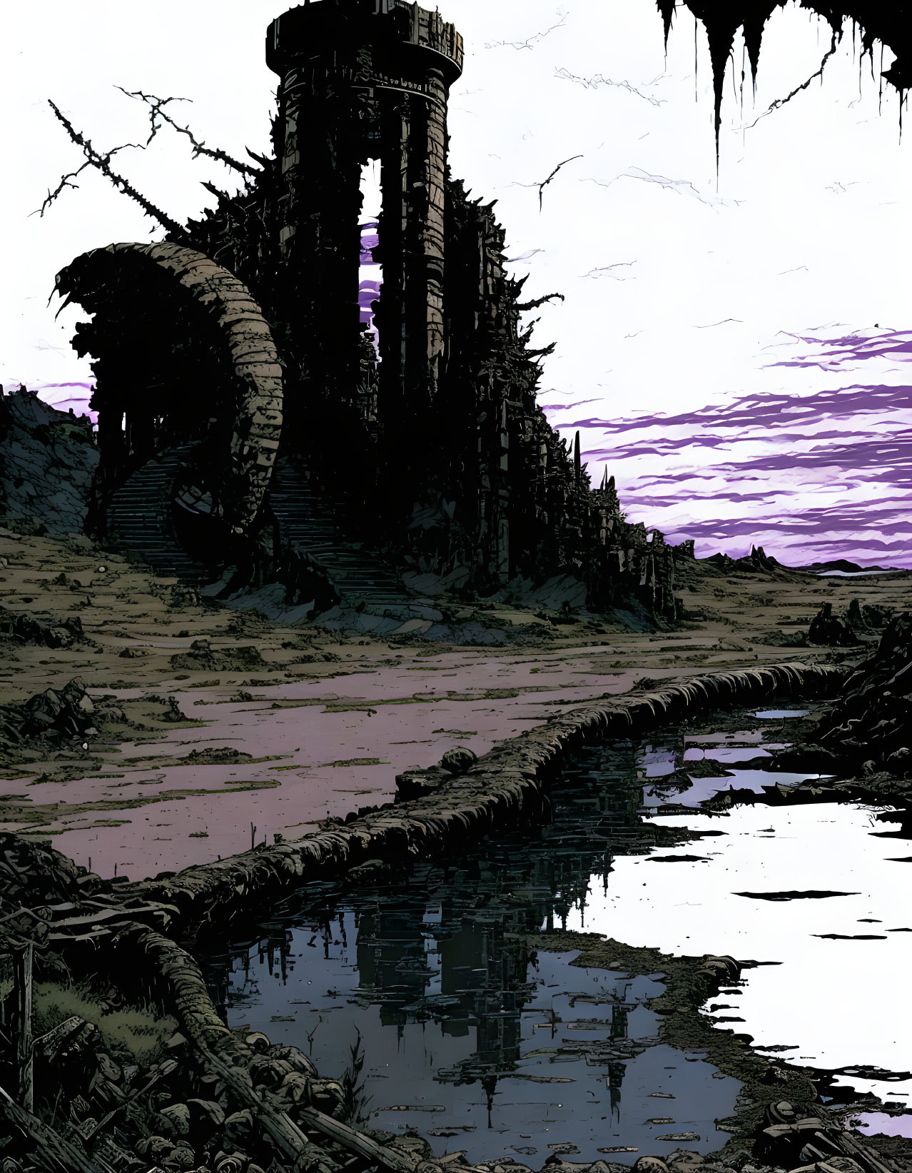 Derelict tower, skeletal dragon remains, barren trees in dystopian landscape.