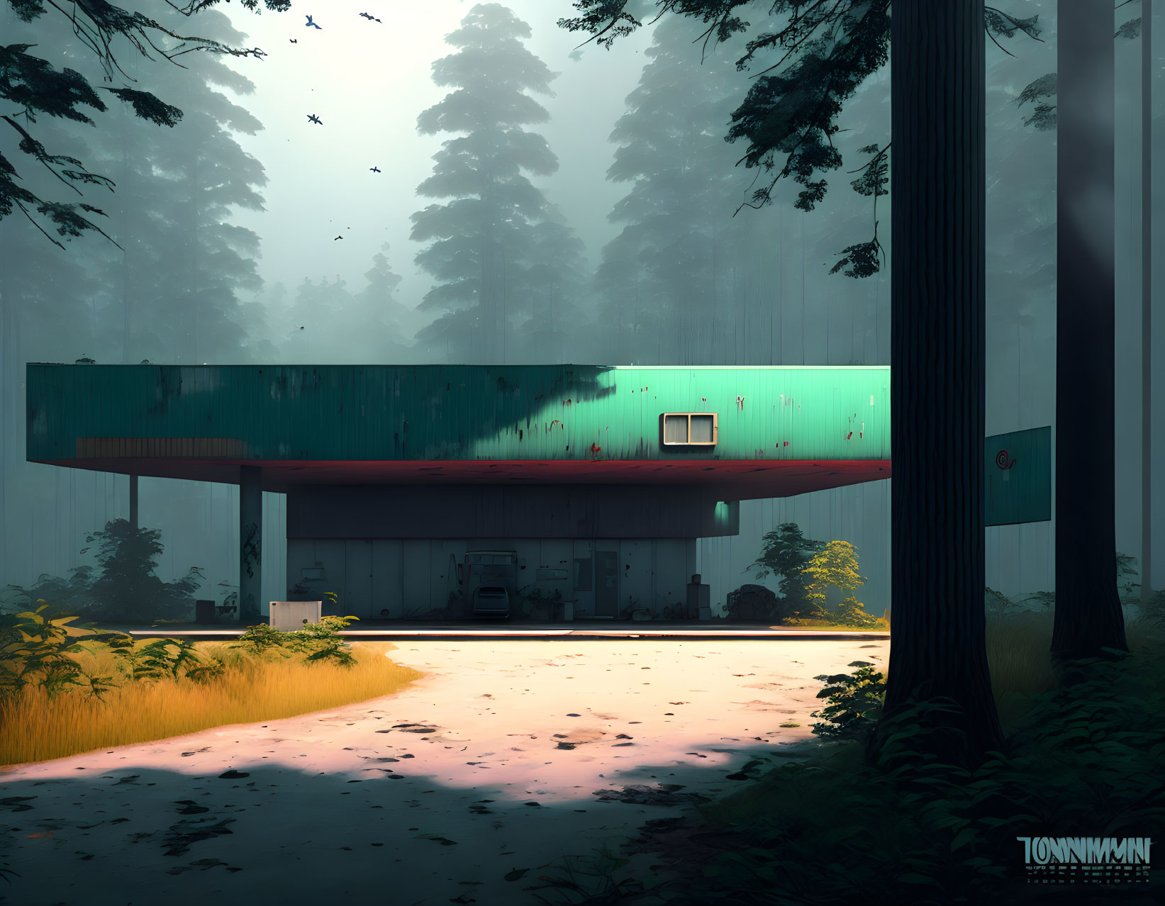 Minimalist futuristic gas station in misty forest landscape