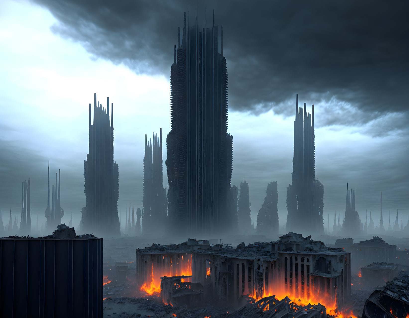 Dystopian landscape at dusk with sinister skyscrapers and smoldering ruins