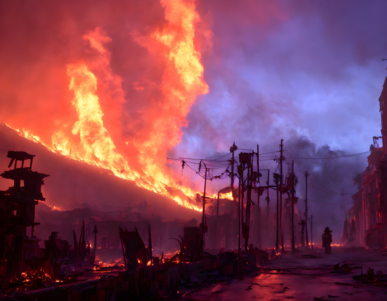 Intense fire ravages buildings as lone firefighter surveys scene