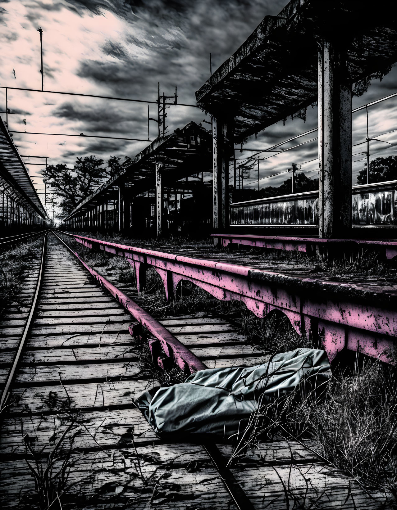 Desolate train station with rusty tracks and abandoned sleeping bag