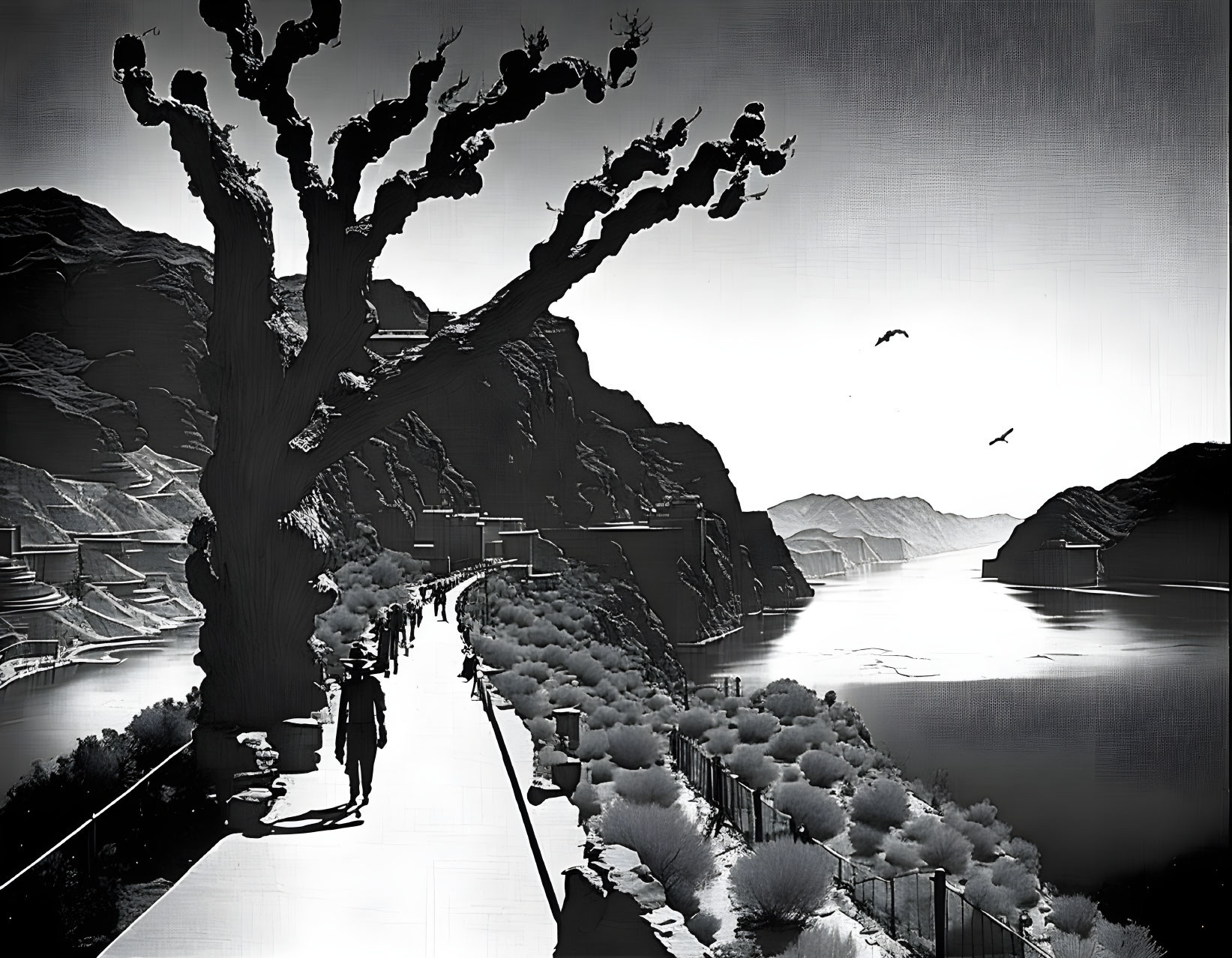 Serene monochrome landscape with leafless tree, birds, lake, mountains, walkway.