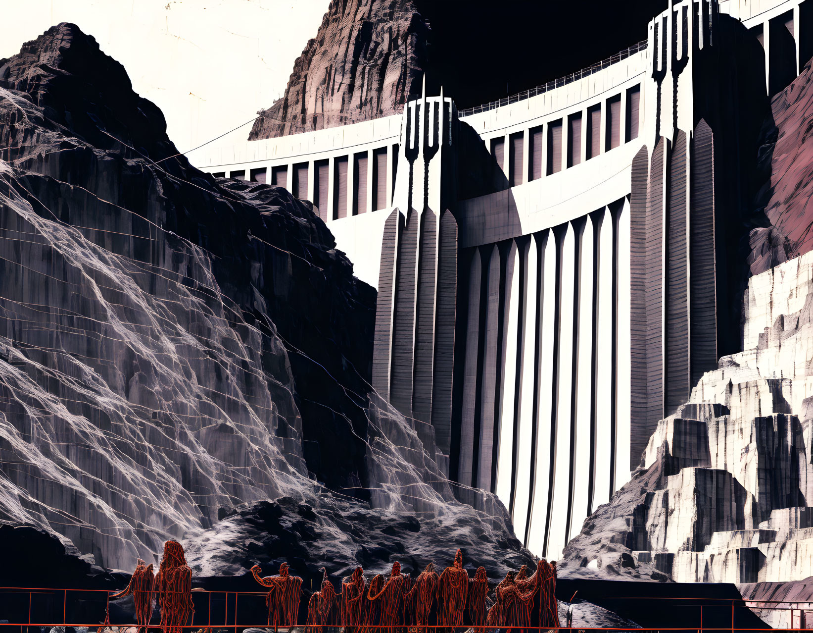 Futuristic dam with towering pillars in rocky landscape under dark sky