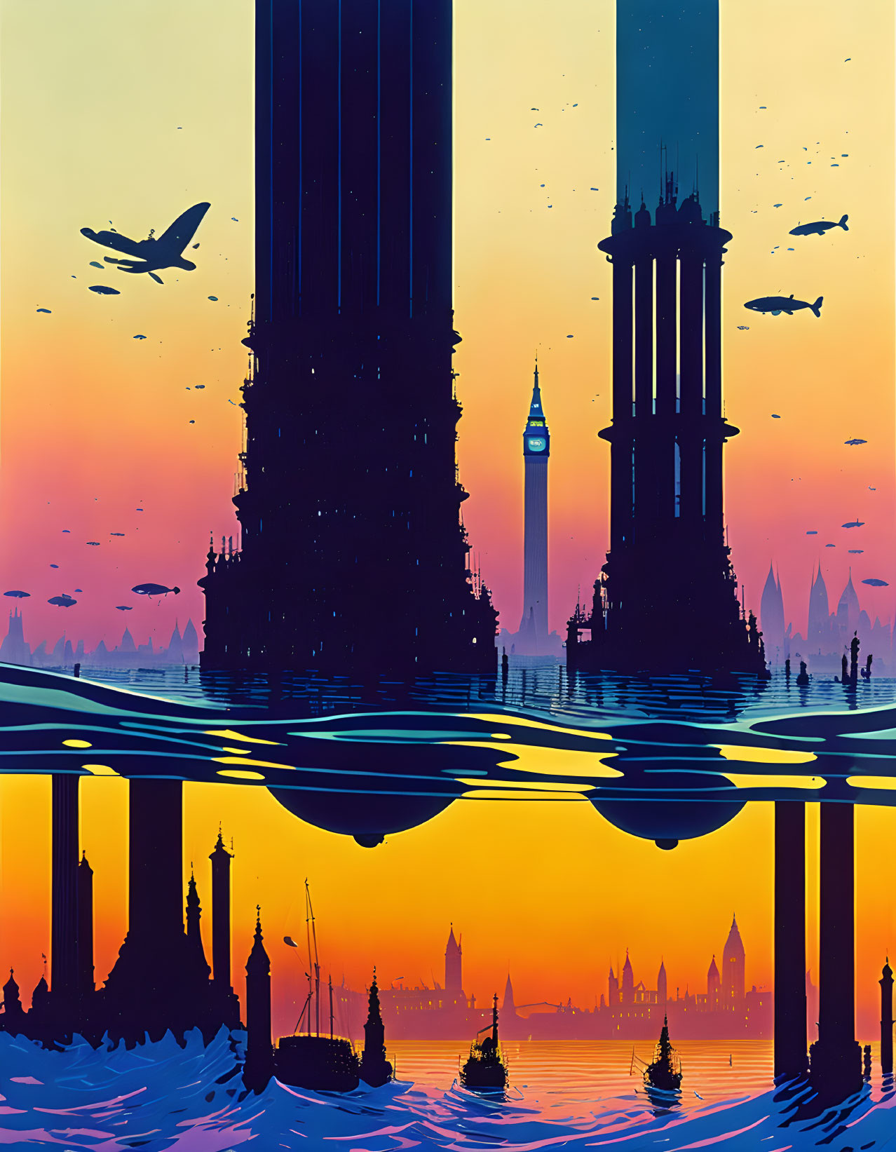 Futuristic sunset cityscape with skyscrapers, birds, water reflection & old architecture silhou