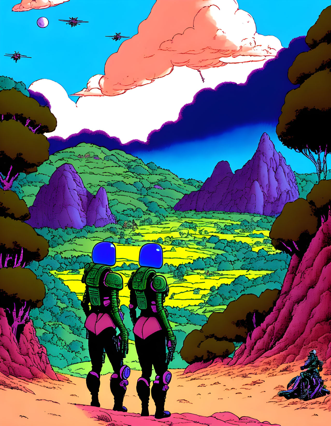 Futuristic figures in vibrant alien landscape with purple mountains