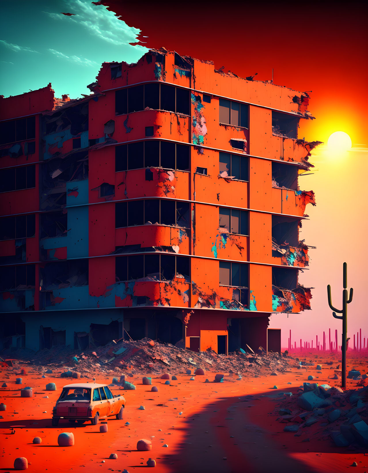 Abandoned multi-story building in desert setting at sunset