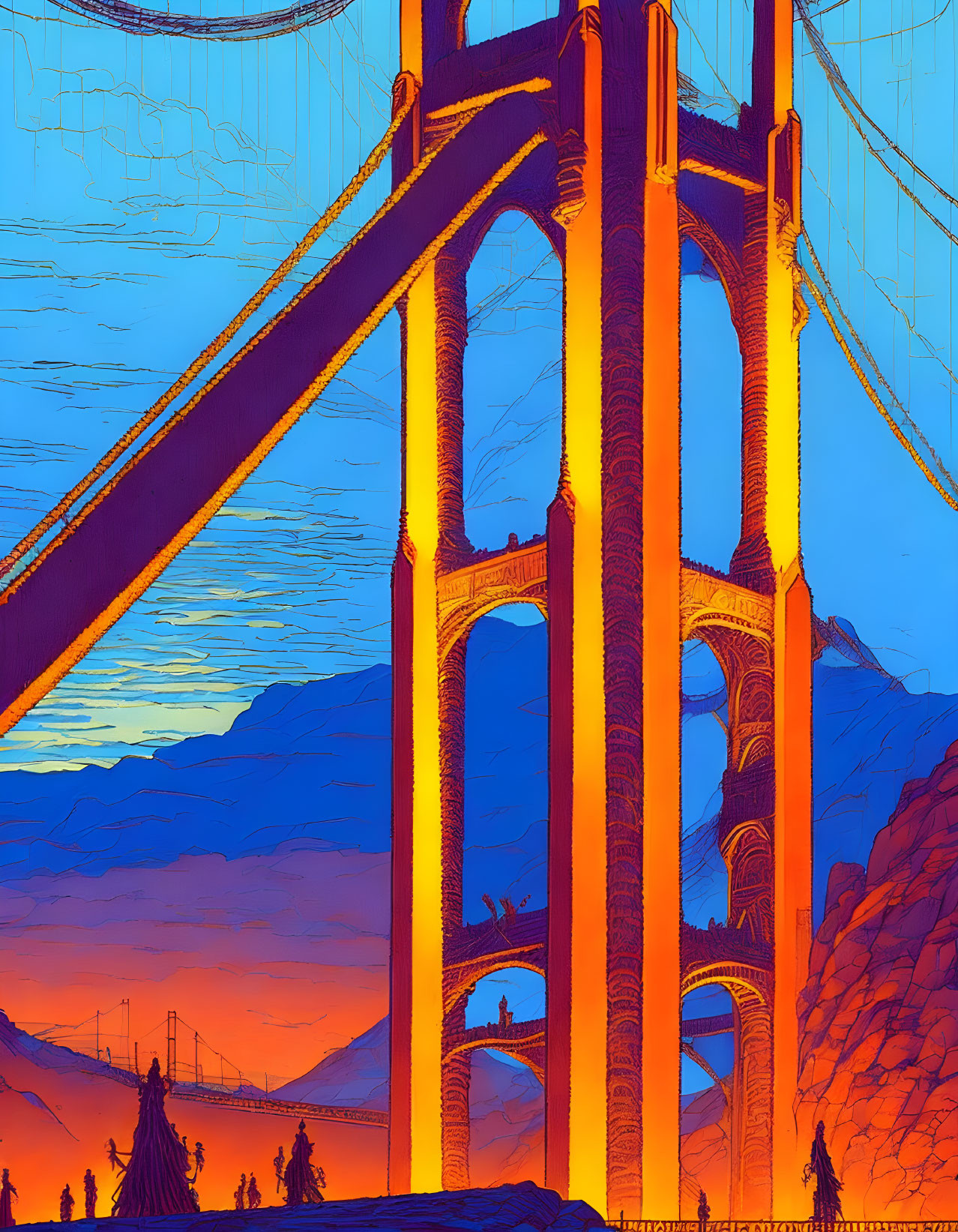 Colorful Golden Gate Bridge illustration in orange and blue with textures and silhouettes