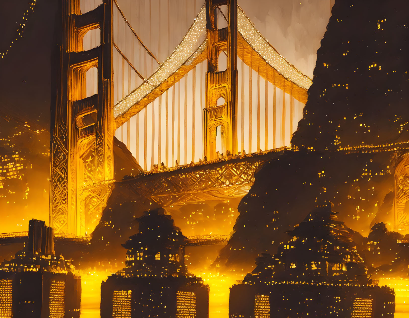 Luminous Golden Gate Bridge Night Scene with City Lights