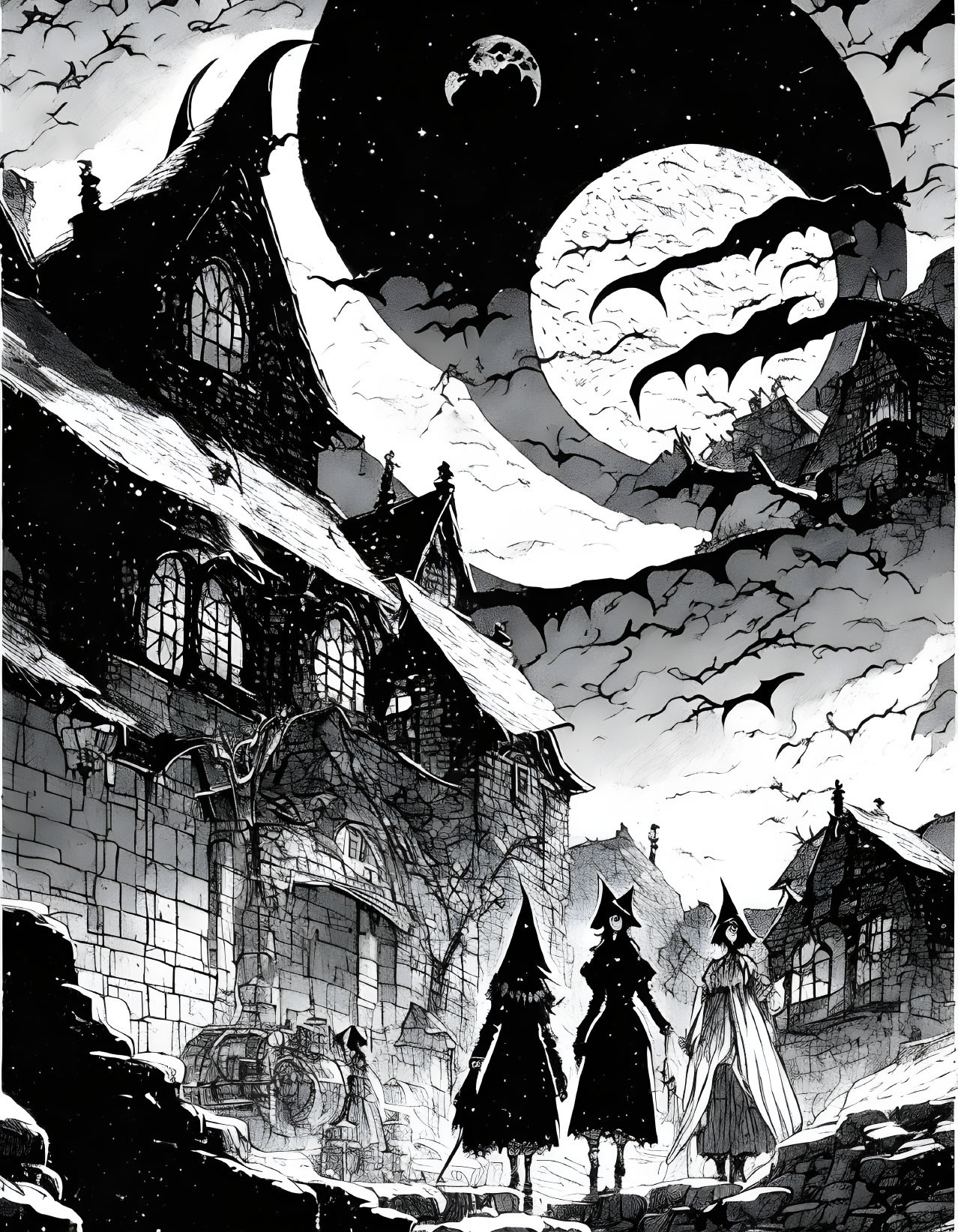 Three cloaked figures near gothic building under crescent moon.