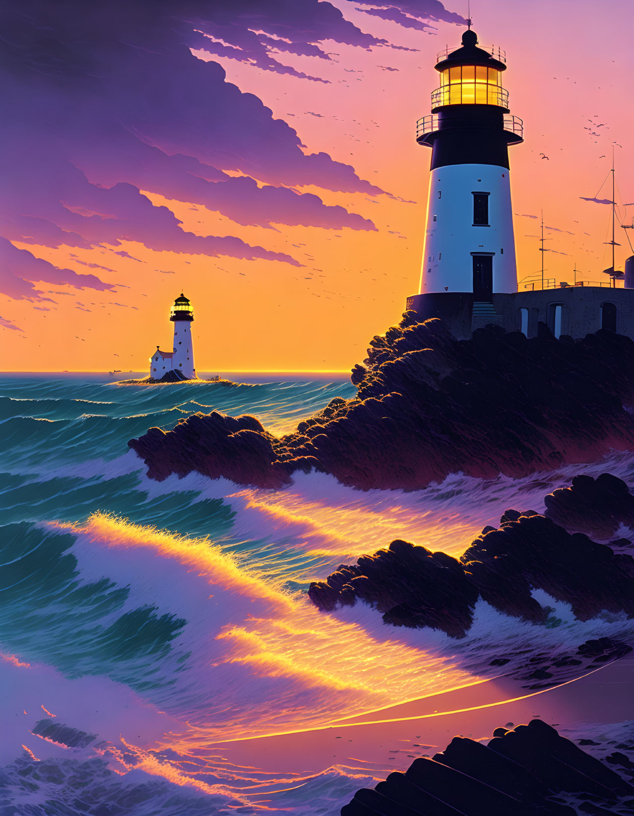 Coastal scene with lighthouses on rocky terrain at sunset