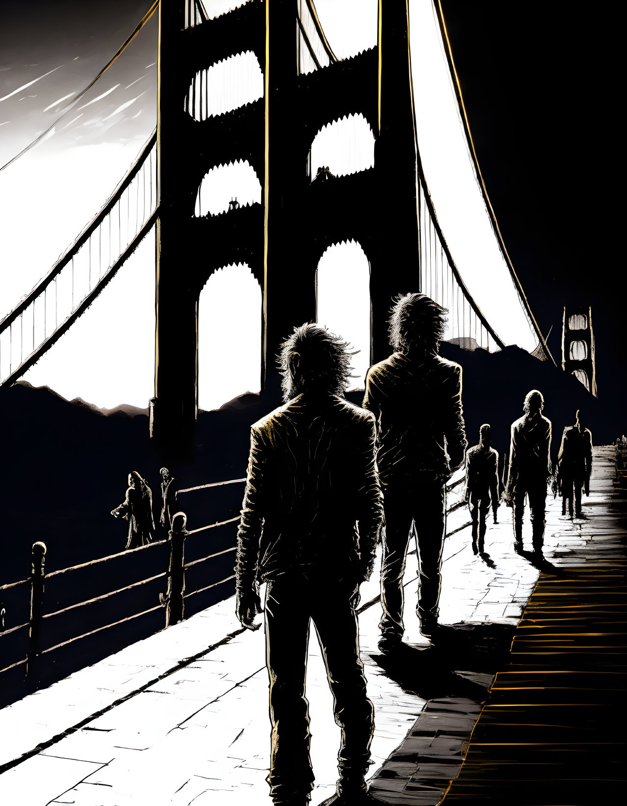 Silhouetted figures on bridge with massive arches in dramatic noir atmosphere