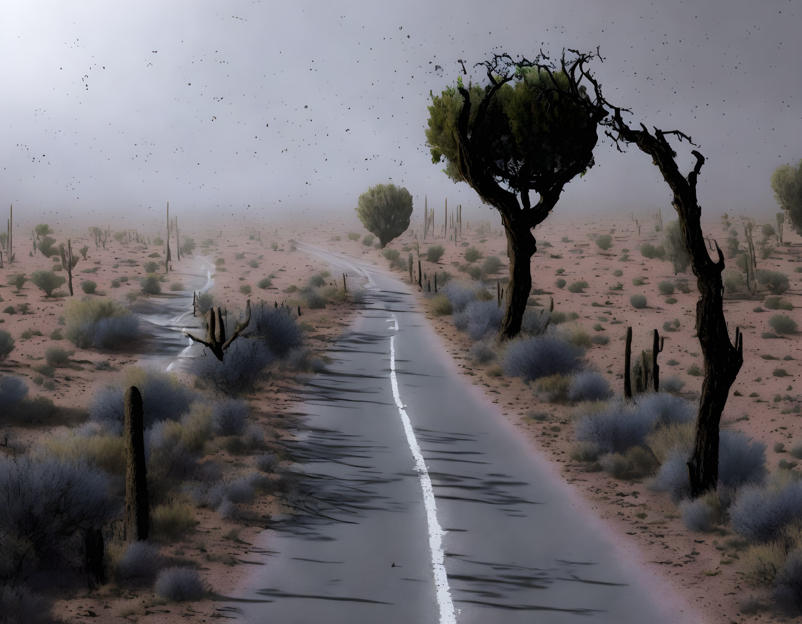 Desolate desert road with cacti, twisted tree, and cloudy sky.