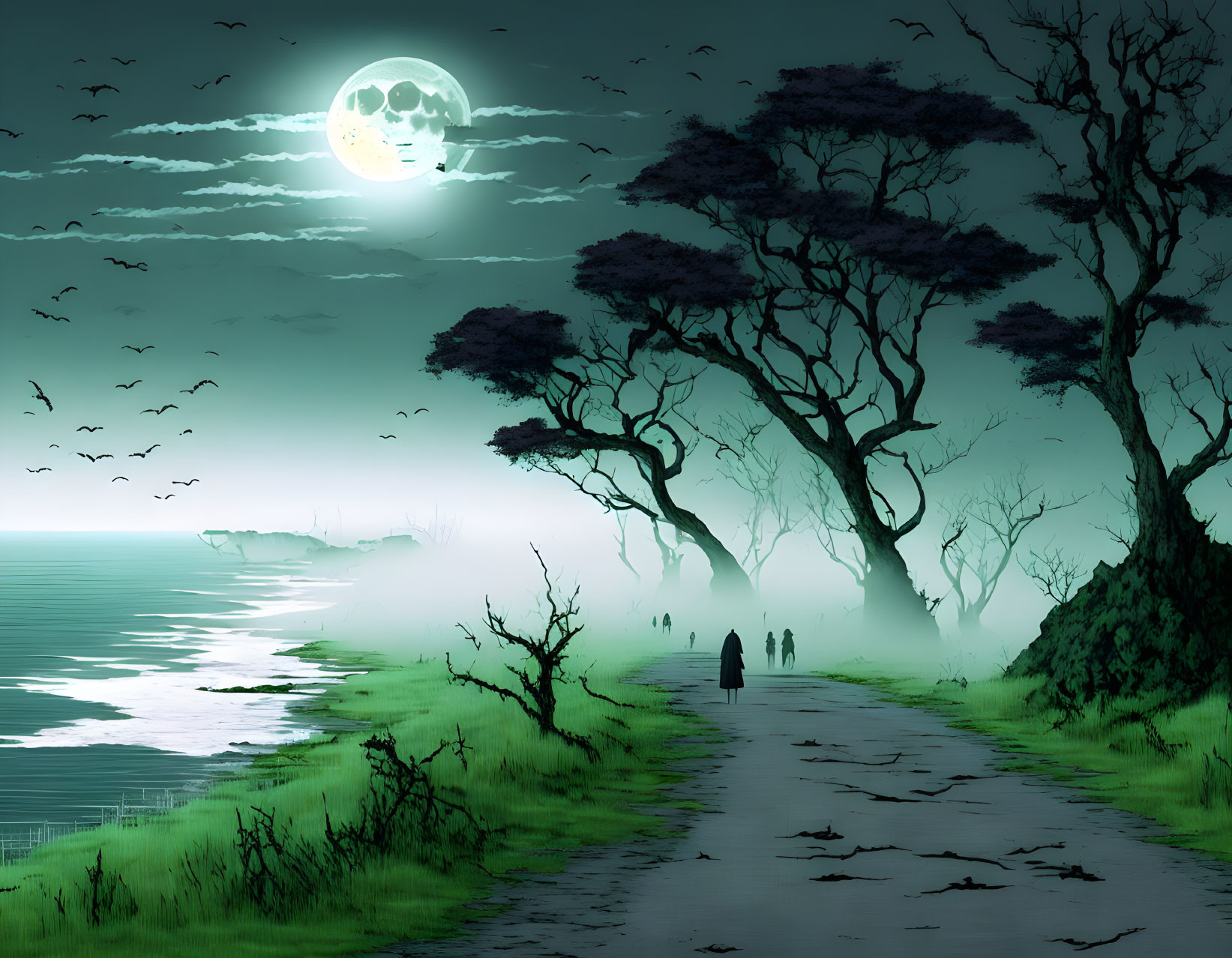 Moonlit Night Scene: Silhouettes Walking by Sea Path, Twisted Trees, Greenish Sky